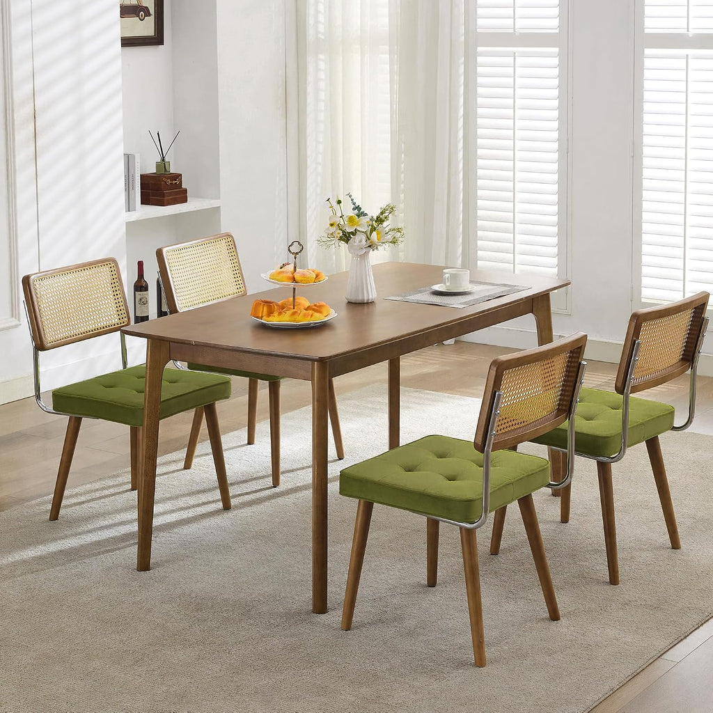 GarveeHome Natural Rattan Dining Chairs Set of 4, Velvet Upholstered Kitchen Chairs with Tall Cane Backrest and Strong Wood Legs for Dining Room, Kitchen, Restaurant, Green