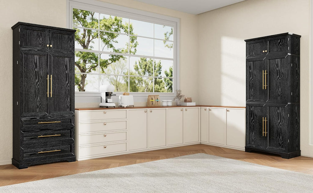 Virubi 78" Farmhouse Tall Kitchen Pantry Cabinet, Wood Storage Cabinets with Hidden Drawer and 4 Adjustable Shelves, Cupboard with Wine Rack and Door Shelves for Kitchen Dining Room, Black