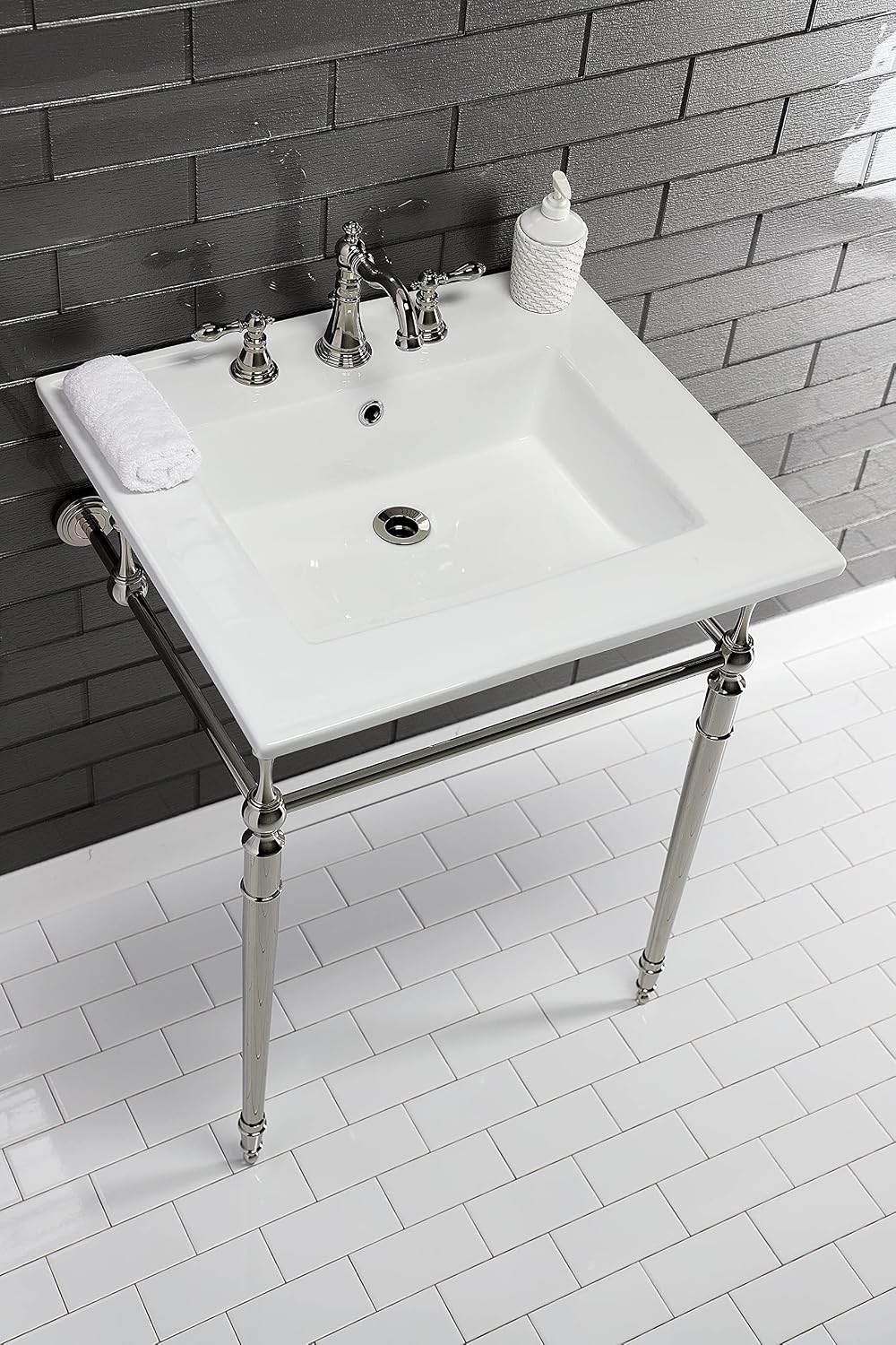 Kingston Brass KVPB25227W8PN Edwardian 25-Inch Console Sink with Brass Legs (8-Inch, 3 Hole), White/Polished Nickel
