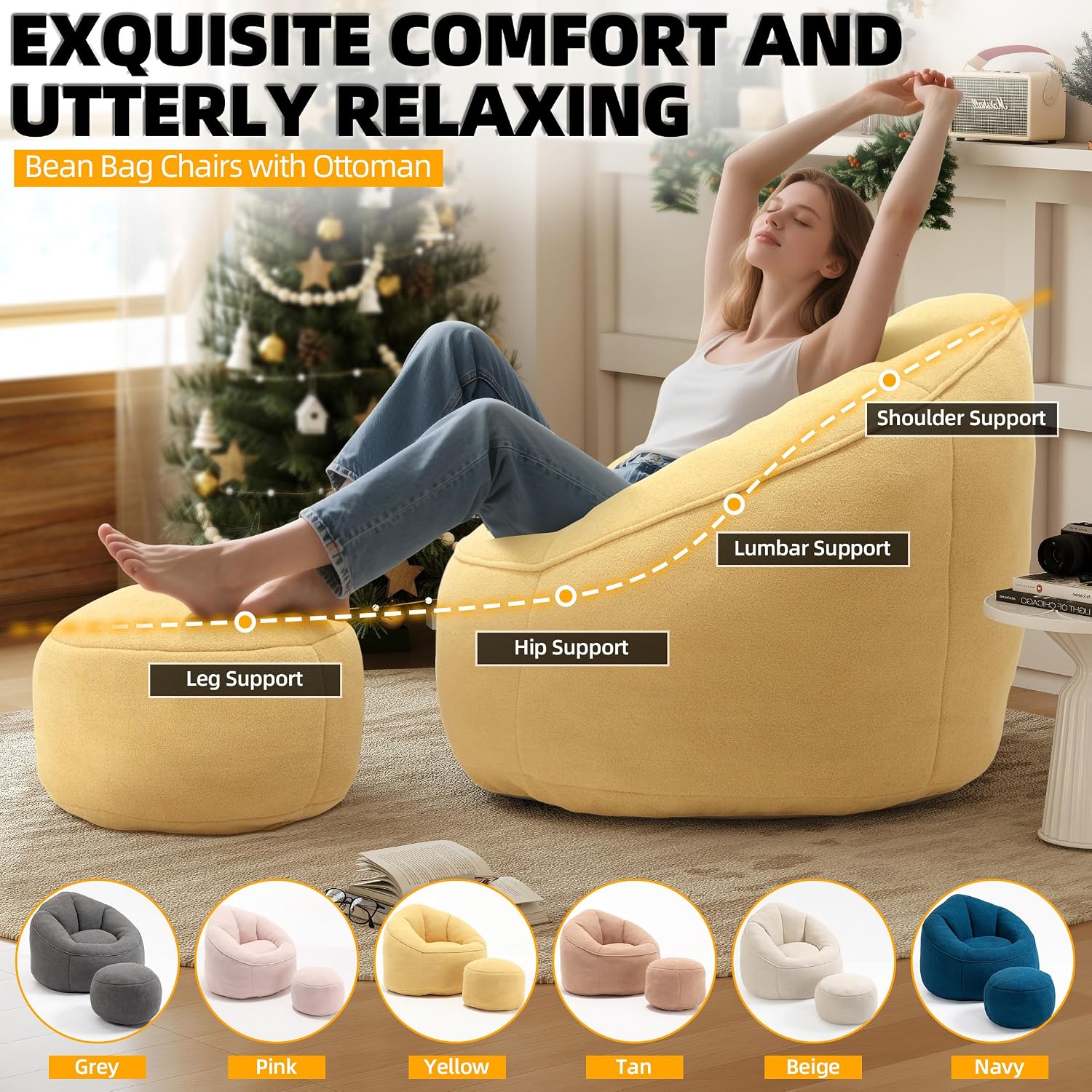 Bean Bag Chairs for Adults, Bean Bag Chair for Kids, 3.4 FT Comfy Beanbag Chair with Ottoman, Bubble Chair Corner Chair, Modern Giant Bean Bag Sofa for Living Room, Yellow