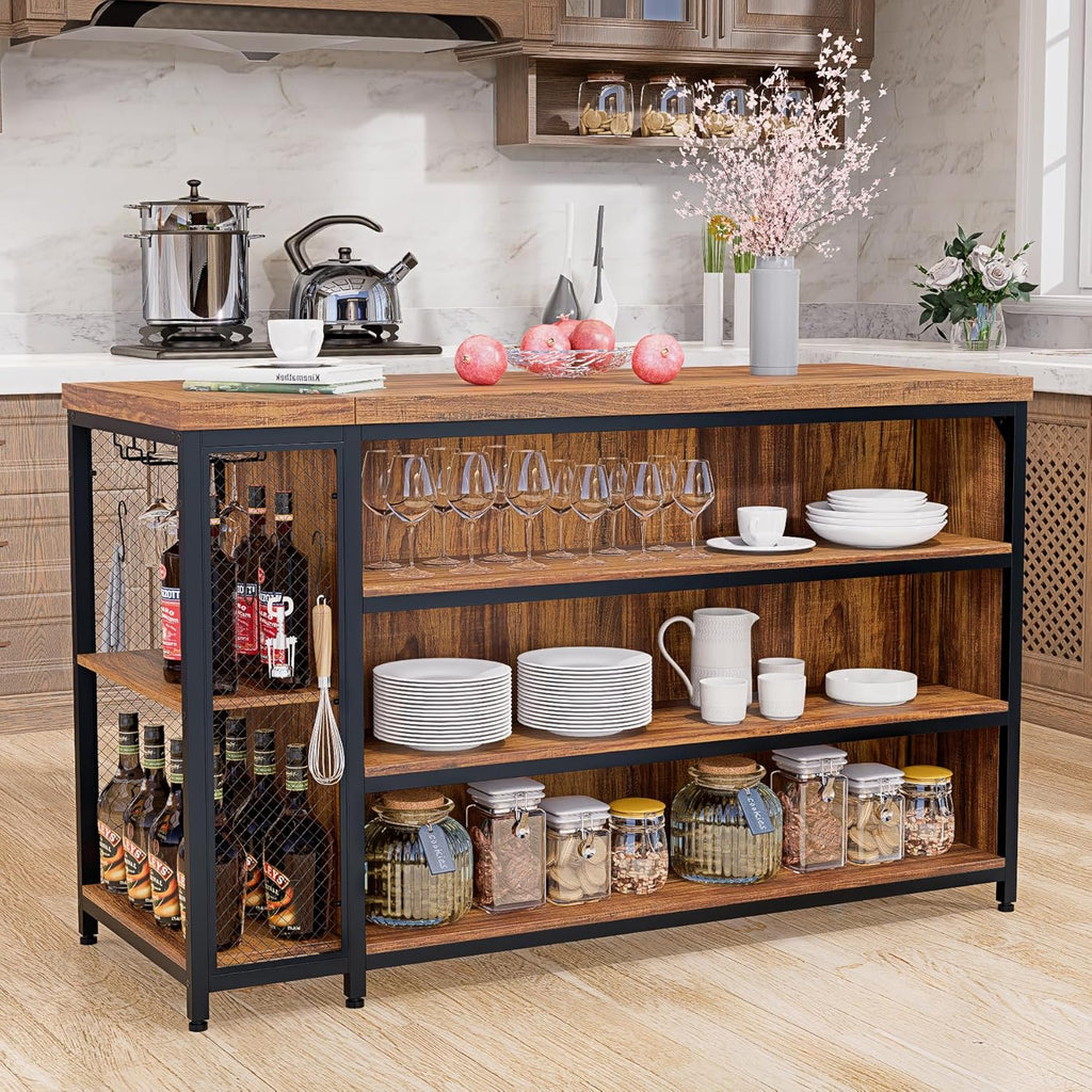 55" Kitchen Island with Seating & Storage, Farmhouse Island Table with 5-Tier Shelves, Large Countertop, Coffee Bar Cabinet with 2 Stemware Racks, Rustic Brown