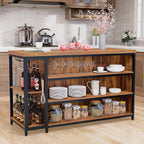 55" Kitchen Island with Seating & Storage, Farmhouse Island Table with 5-Tier Shelves, Large Countertop, Coffee Bar Cabinet with 2 Stemware Racks, Rustic Brown