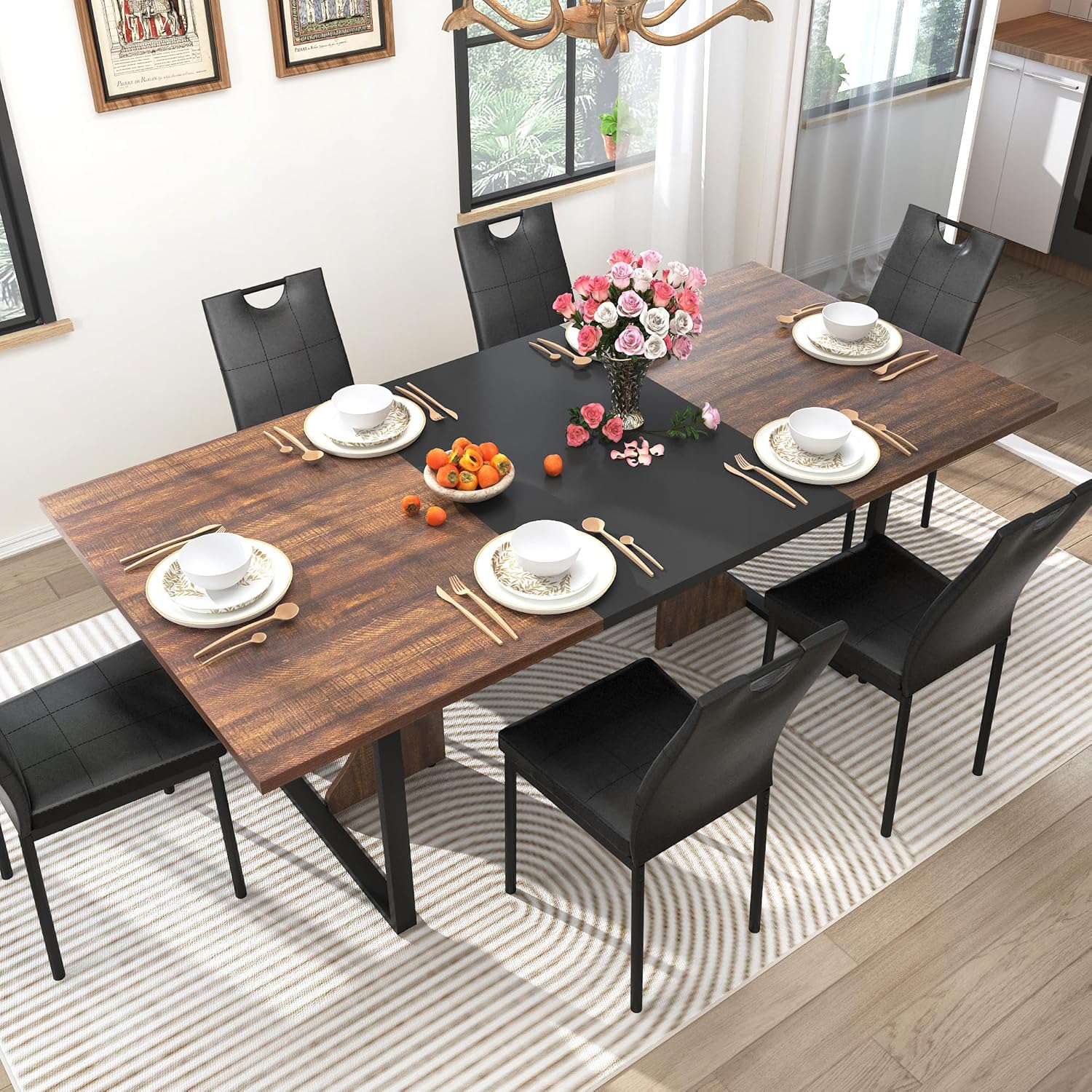 70IN Large Dining Table for 4 5 6 People,Farmhouse Kitchen Dinner Table W/Brown Wood Waterpoof Tabletop,Rectangular Family 6FT Dining Tables w/Adjustable Leg for Office Home Living Dining Room