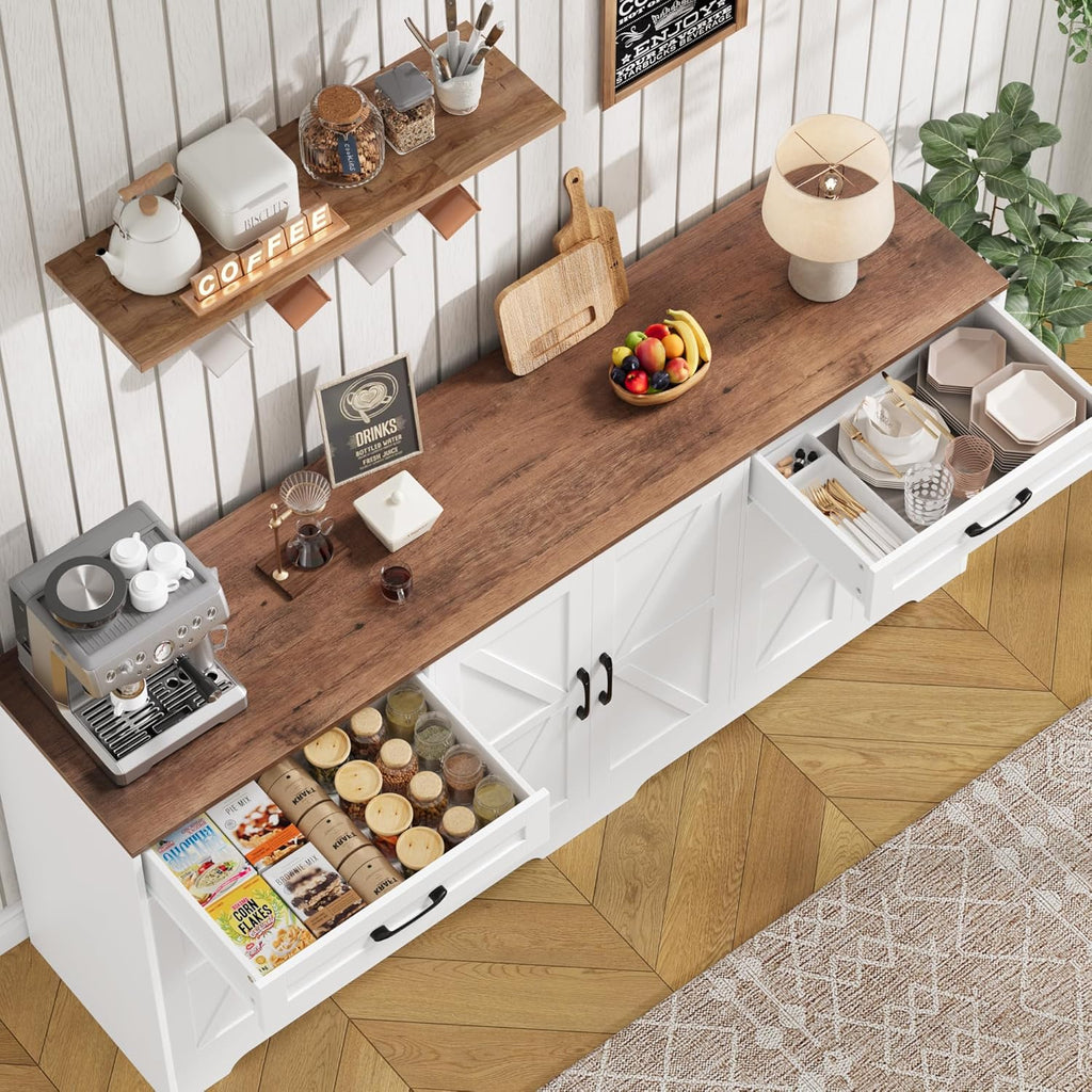 Large Sideboard Buffet Cabinet 71 Inch with Storage, Adjustable Shelves and 6 Barn Doors, Farmhouse Wood Coffee Wine Bar Console Table for Kitchen and Dining Room, White