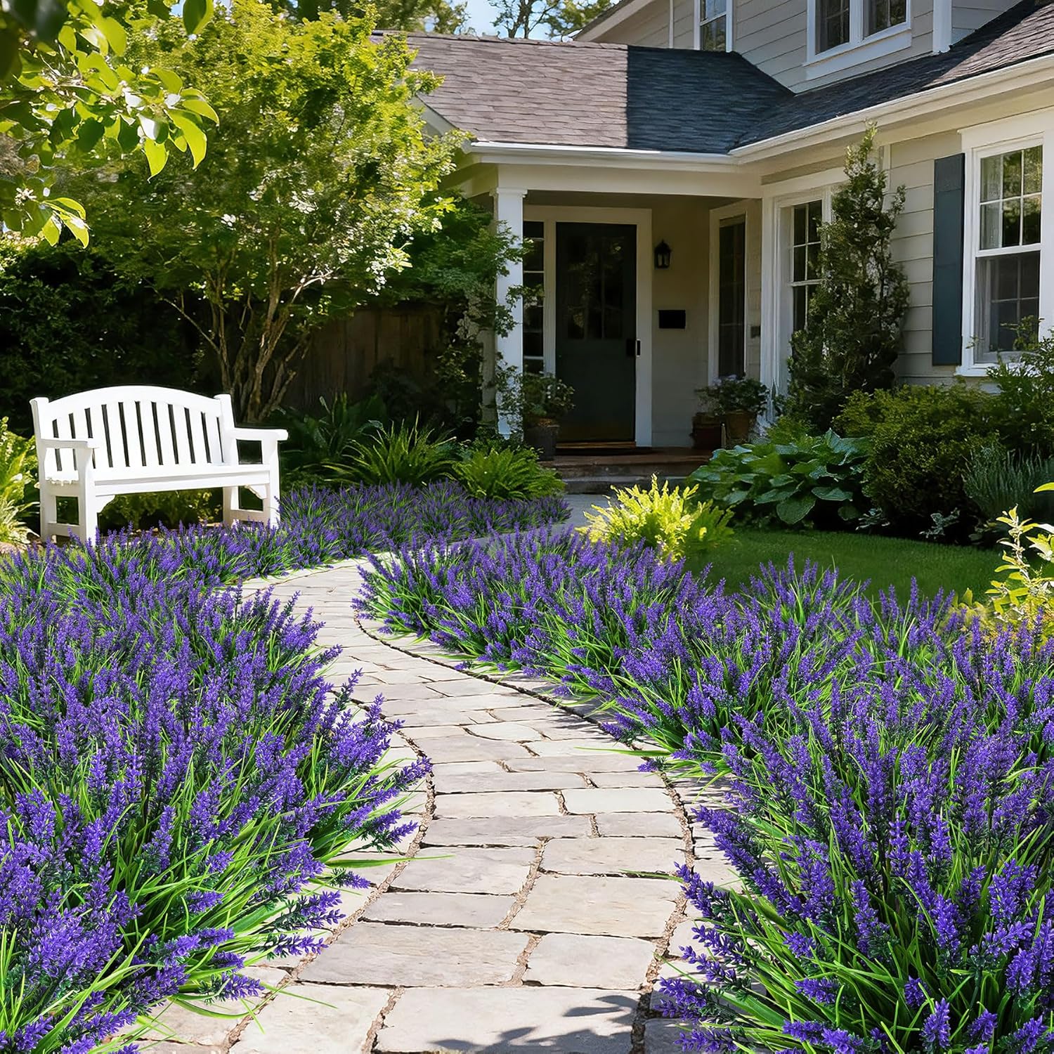 16 Bundles Artificial Plants Outdoor, UV Resistant Fake Lavender & Monkey Grass, Realistic Plastic Faux Plants for Balcony, Patio, Porch Greenery Decor, Planter Filler(Purple)