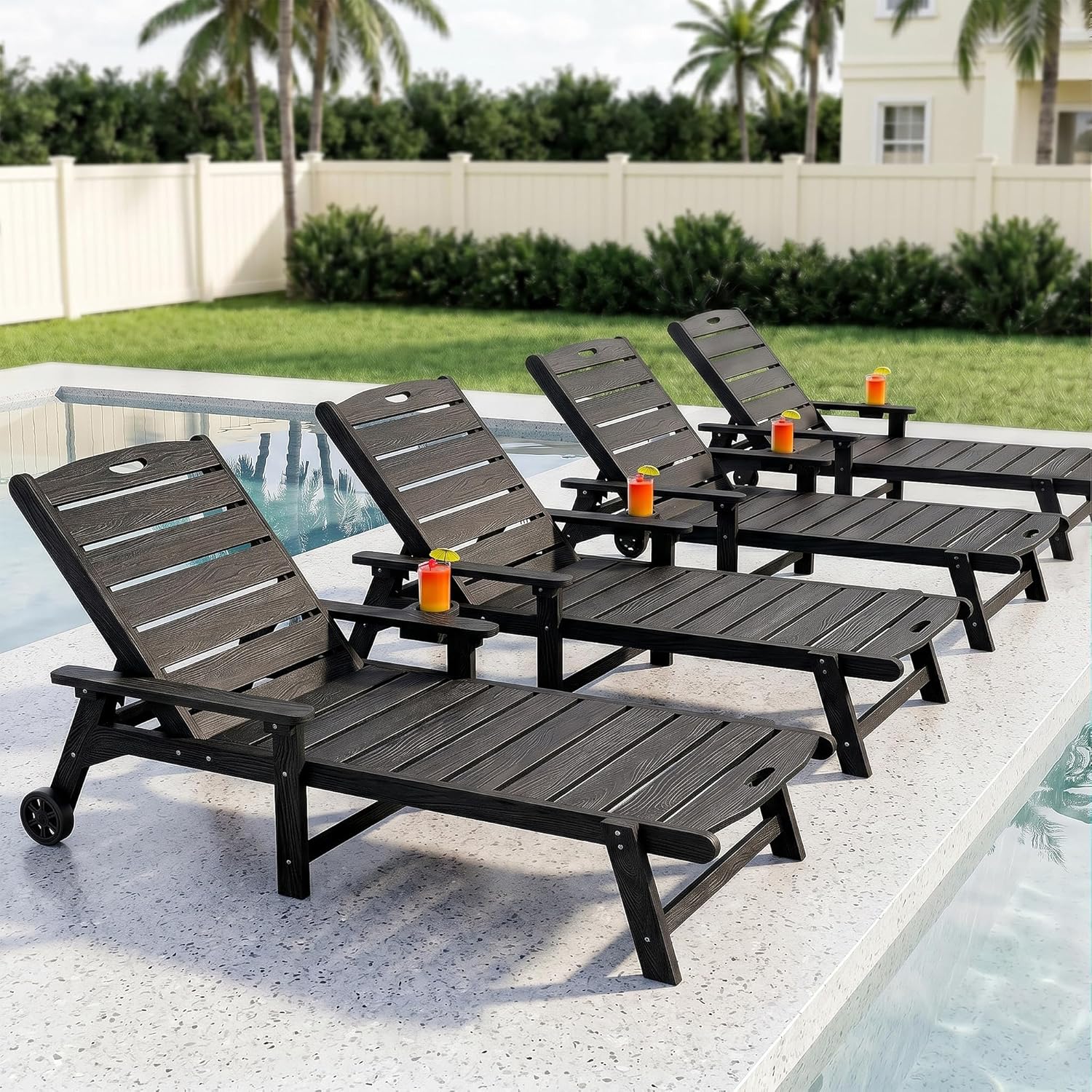 Outdoor Lounge Chair Set of 4 with 5-Position Adjustable, Outside Lounge Chair with Cup Holder, Wheels for Easy Mobility, HDPE Tanning Chair for Poolside, Patio, Black