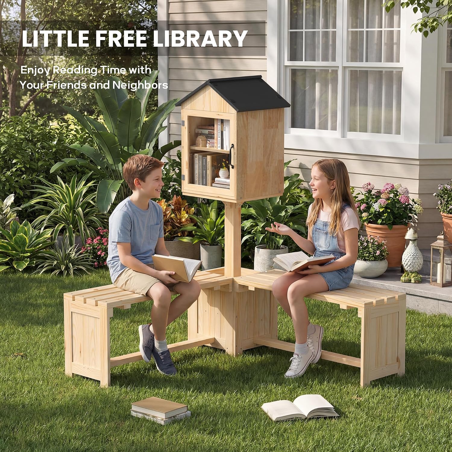 DTK Little Free Library Kit with Planter & Dual Benches,Outdoor Library Box with Clear Door & Waterproof Roof,DIY Paintable Lending Library,L-Shaped or Side Seating for Yard Garden Community