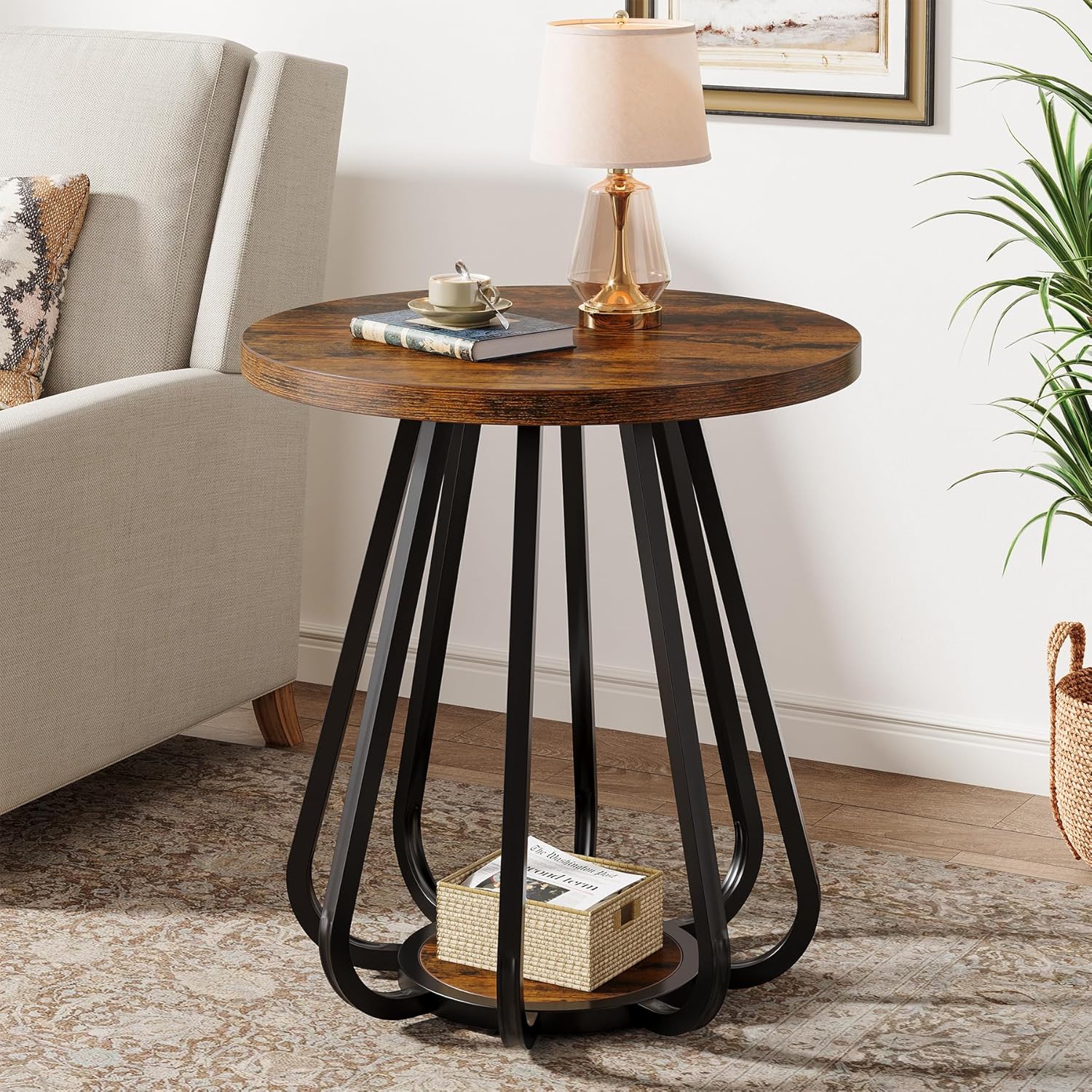 Tribesigns Small Round Side Table, 2-Tier Sofa End Table with Metal Frame and Lower Shelf, Wooden Bedside Nightstand for Small Spaces, Living Room, Bedroom, Vintage Brown & Black