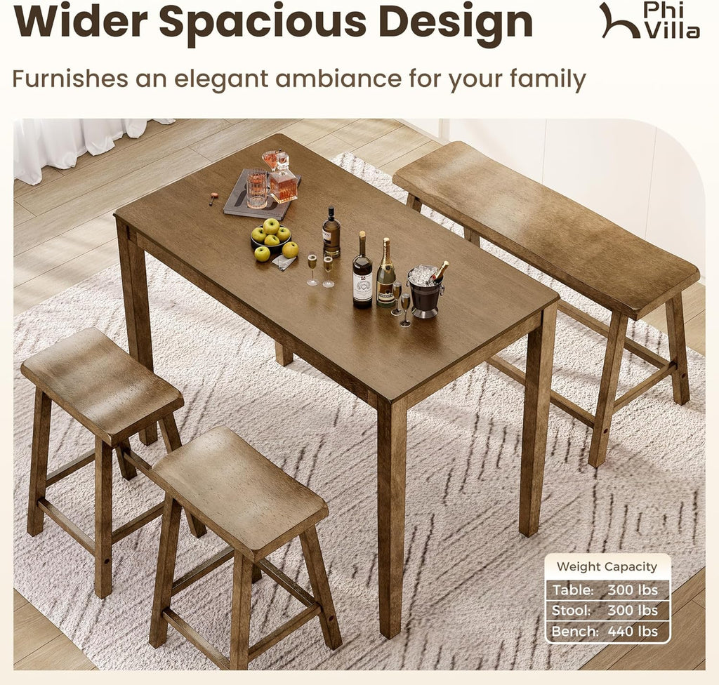 PHI VILLA Farmhouse Dining Table Set for 4 Small Space, Counter Height Table and Chairs with Bench, Rustic Solid Wood High Top Kitchen Table Set for Dining Room and Kitchen, Rustic Caramel Brown