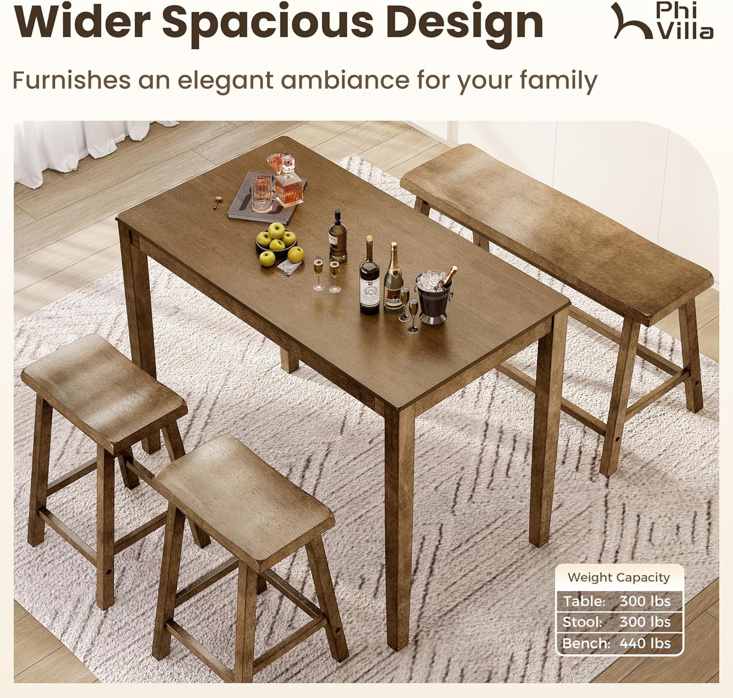 PHI VILLA Farmhouse Dining Table Set for 4 Small Space, Counter Height Table and Chairs with Bench, Rustic Solid Wood High Top Kitchen Table Set for Dining Room and Kitchen, Rustic Caramel Brown