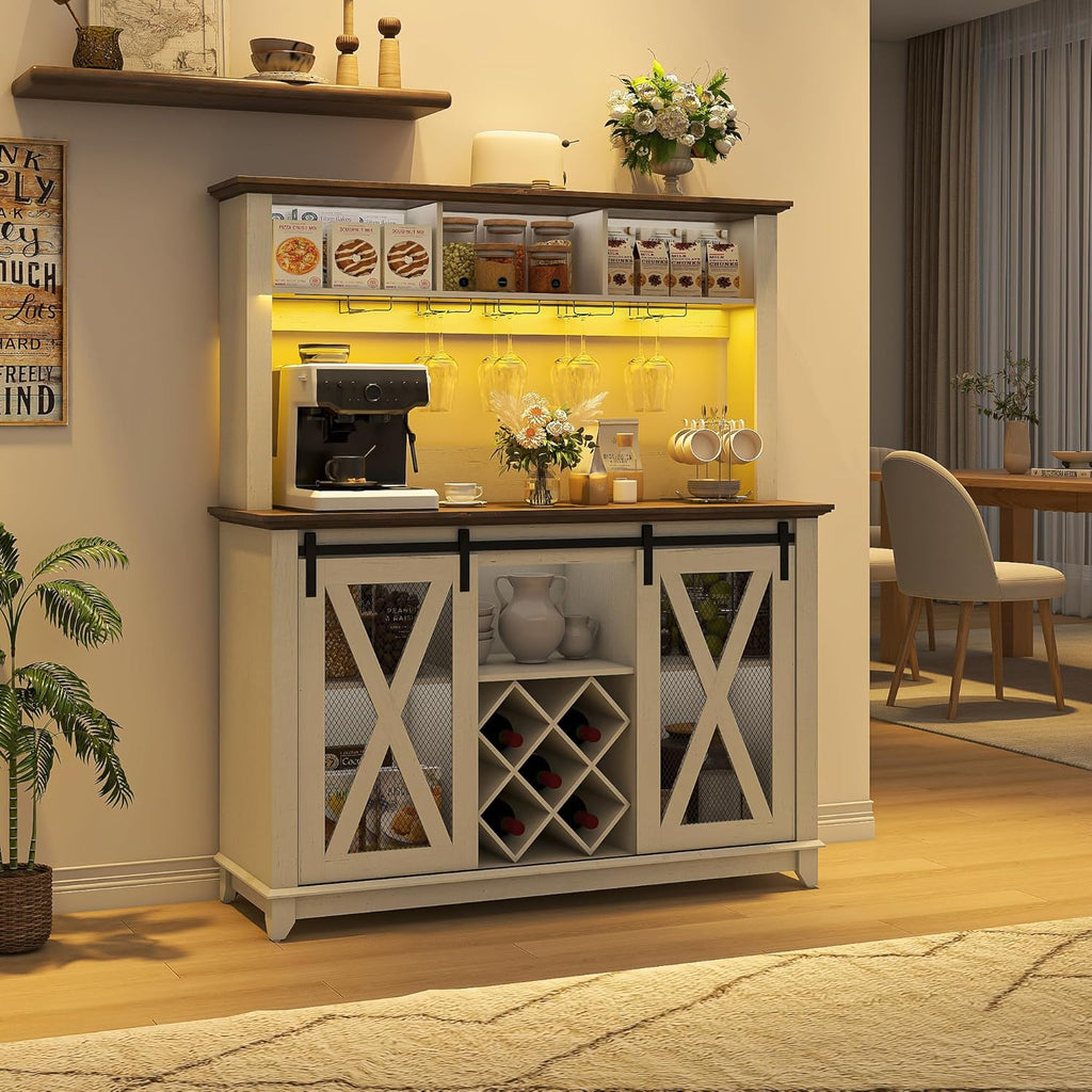 47"Wide 56"H Farmhouse Coffee Bar Cabinet with Power Outlet and LED Light,Wine Bar Cabinet w/3 Storage Hutch,Kitchen Buffet Cabinet with 10 Wine and Glass Racks for Kitchen Dining Room(Antique White)