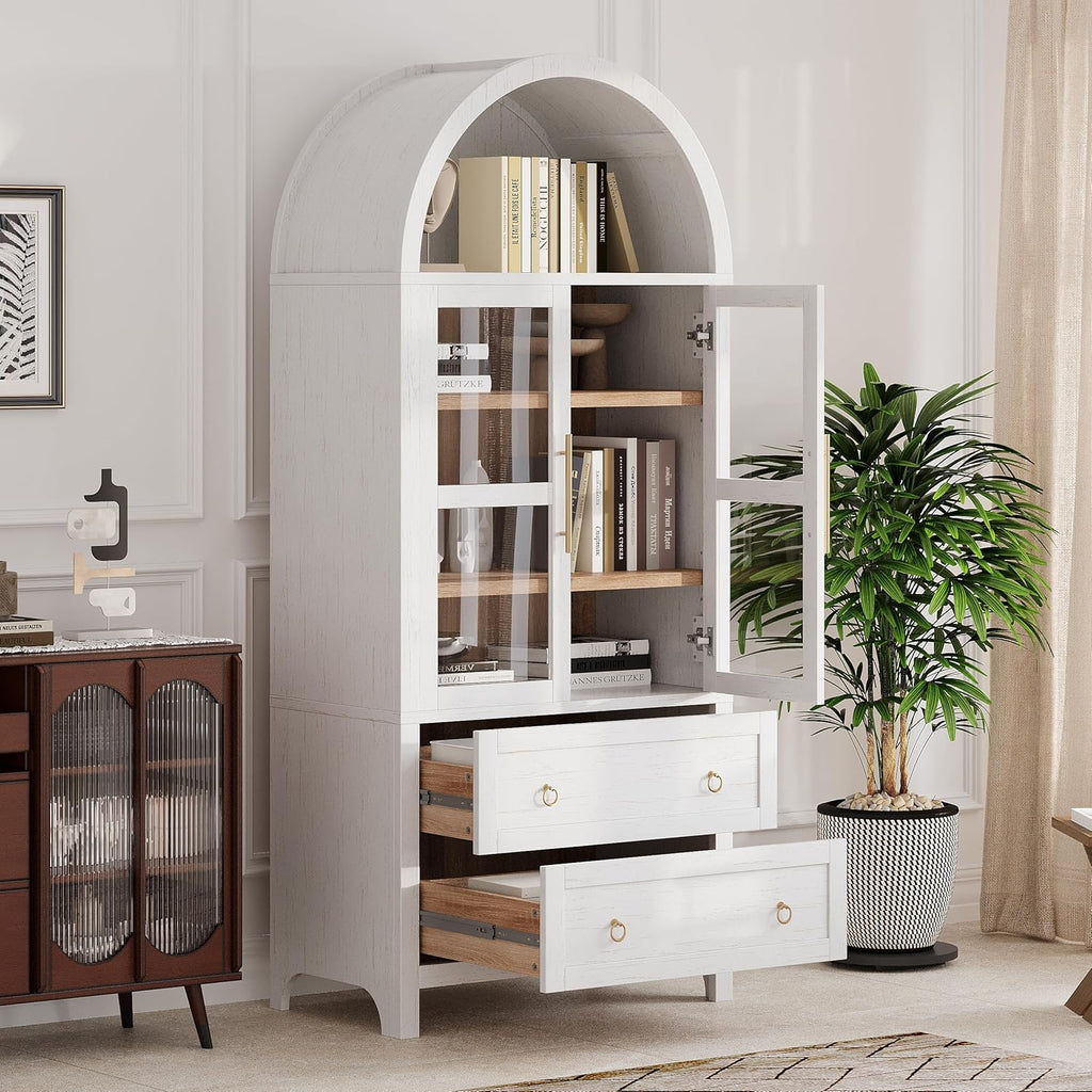 Merax 71'' Tall Arched Kitchen Pantry Cabinet, Farmhouse Kitchen Storage Cabinets with 2 Large Drawers and Adjustable Shelves, Versatile Cupboard for Kitchen, Dining Room, Bathroom,White