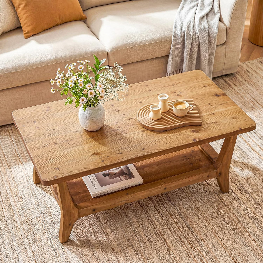 LITTLE TREE Solid Wood Coffee Table, 47-Inch Living Room Center Table with Shelf, 2-Tier, Smooth Corners, Lightweight, Easy Assembly, 23.6" D x 47.2" W, Warm Cedar Brown Finish