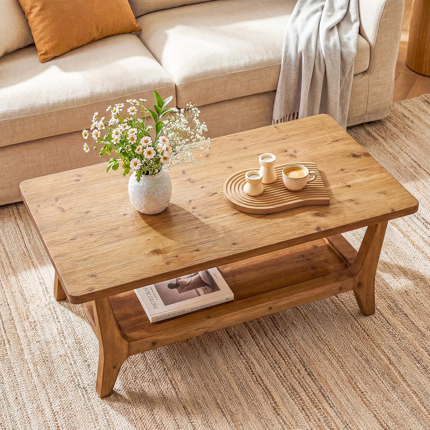 LITTLE TREE Solid Wood Coffee Table, 47-Inch Living Room Center Table with Shelf, 2-Tier, Smooth Corners, Lightweight, Easy Assembly, 23.6" D x 47.2" W, Warm Cedar Brown Finish