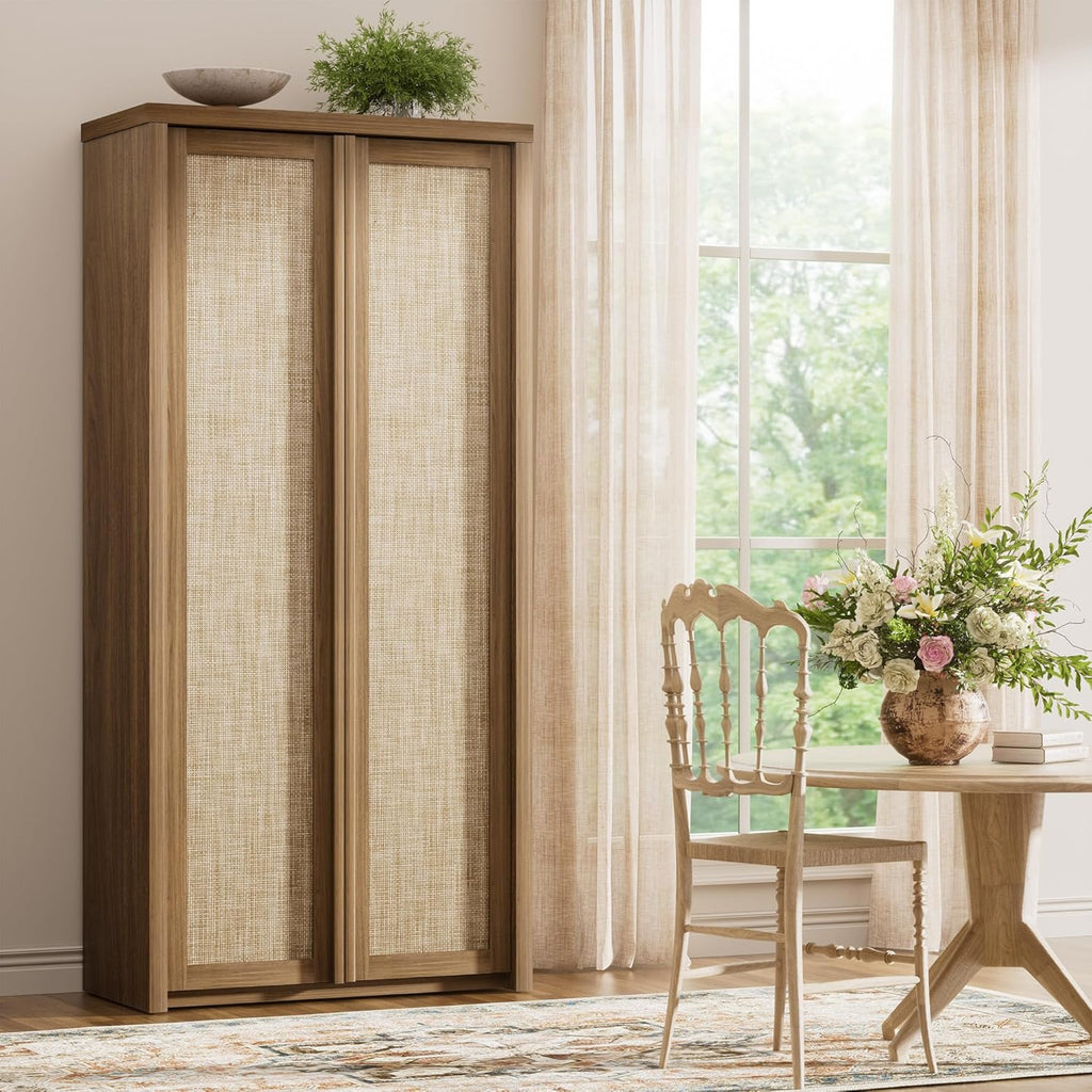 Yechen 67" Tall Kitchen Pantry Cabinet, Rattan Storage Cabinet with Solid Wood Integrated Handleand Adjustable Shelves, Cupboard with Doors for Livingroom, Bathroom,Dining Room, Natural Walnut