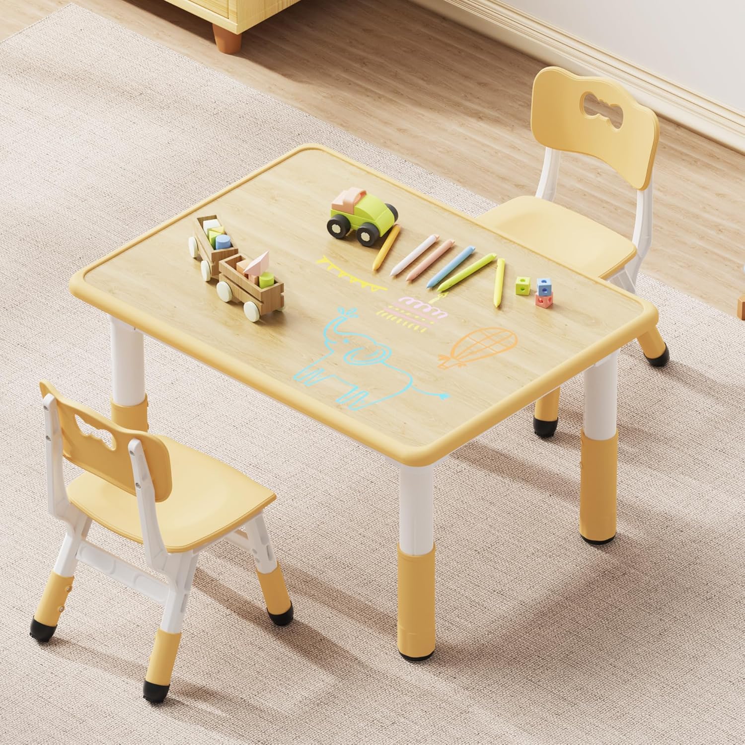 Brelley Kids Table and 2 Chairs Set, Height Adjustable Toddler Desk 31.5" L x 23.6" W and Chair Set, Graffiti Desktop, Classroom/Daycare/Home, Children Multi-Activity Table for Ages 3-8