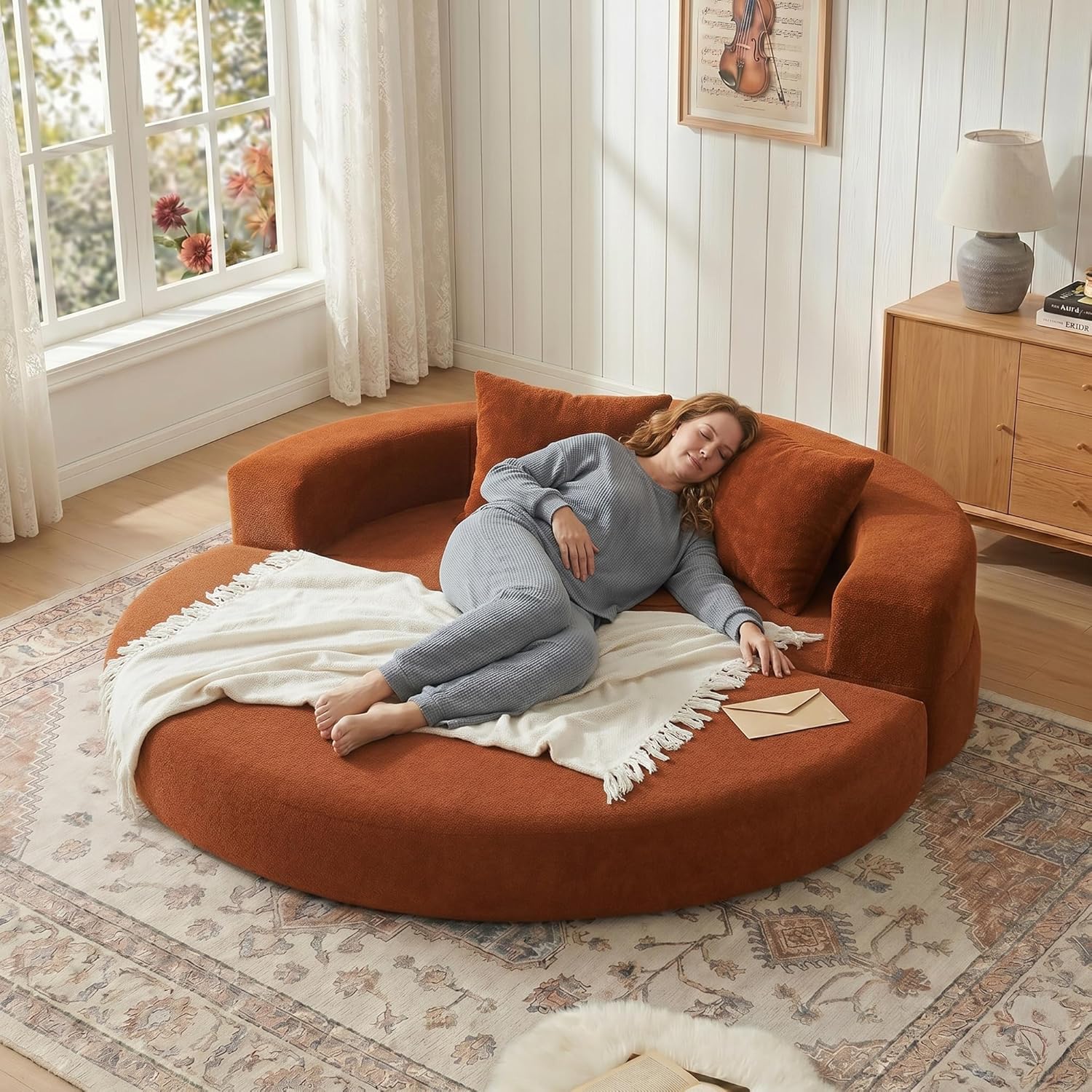 Mofolit 71 Inch Round Convertible Sofa Bed, Boneless Folding Floor Couch No Assembly Needed for Living Room, Apartment & Office (1, Orange, 71")
