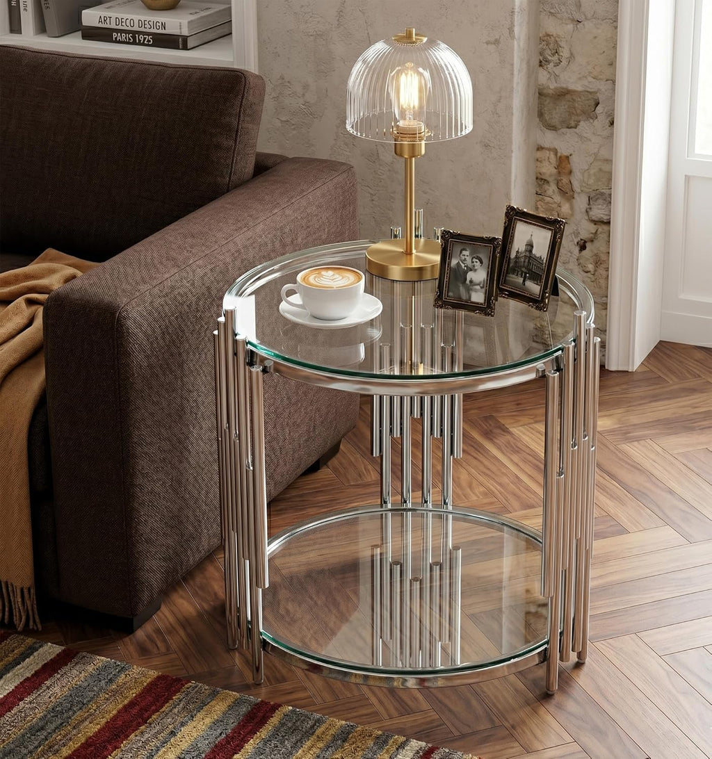 19.69” Round Glass End Table, 2-Tier Side Table with Clear Tempered Glass Top Silver Mirrored Stainless Steel Legs, Modern Luxury Nightstand Bedside Table with Lower Shelf for Living Room