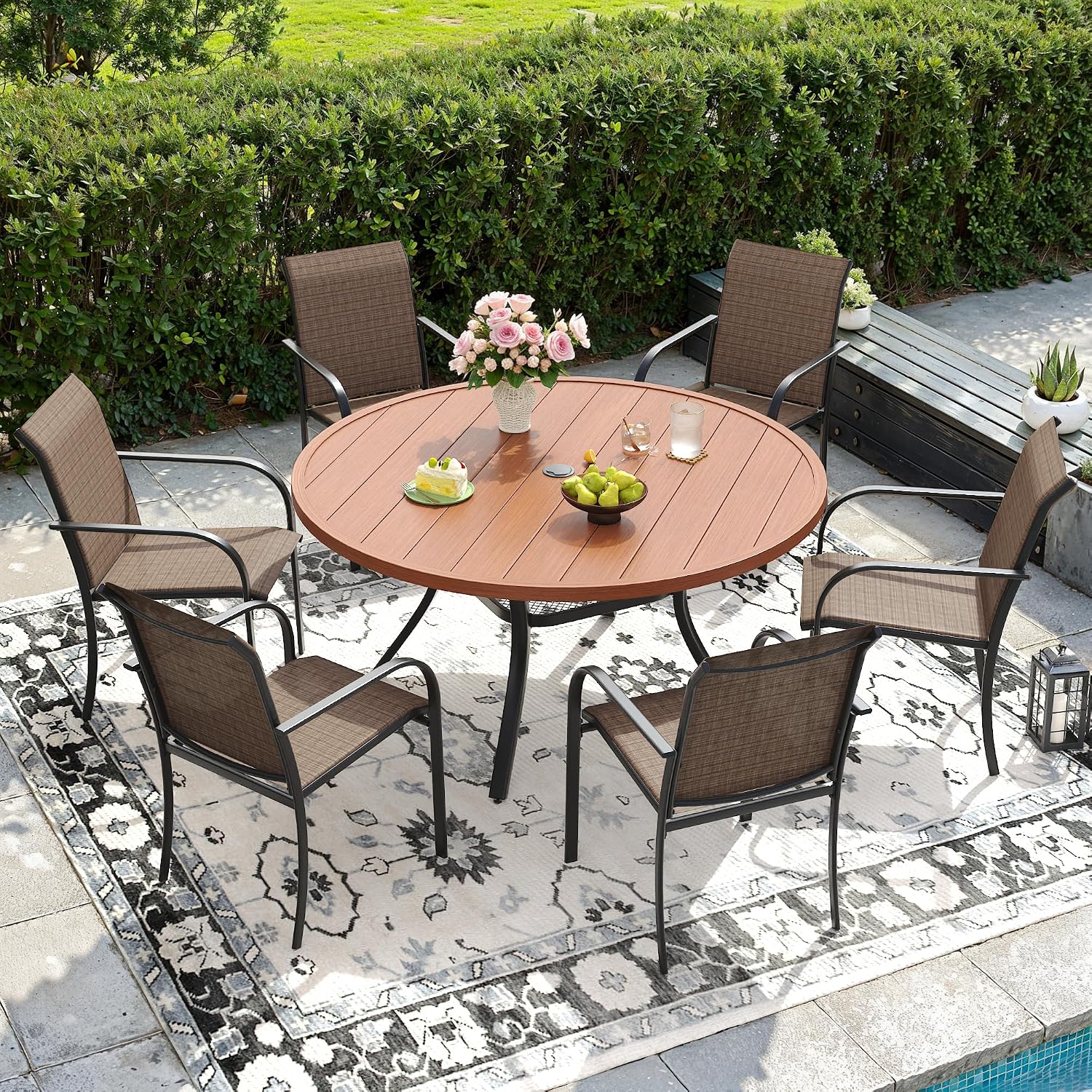 DIFY 48" Round Patio Dining Table for 6, All Weather Round Outdoor Metal Dining Table with 1.57" Umbrella Hole, Perfect for Backyard Lawn Garden, Walnut