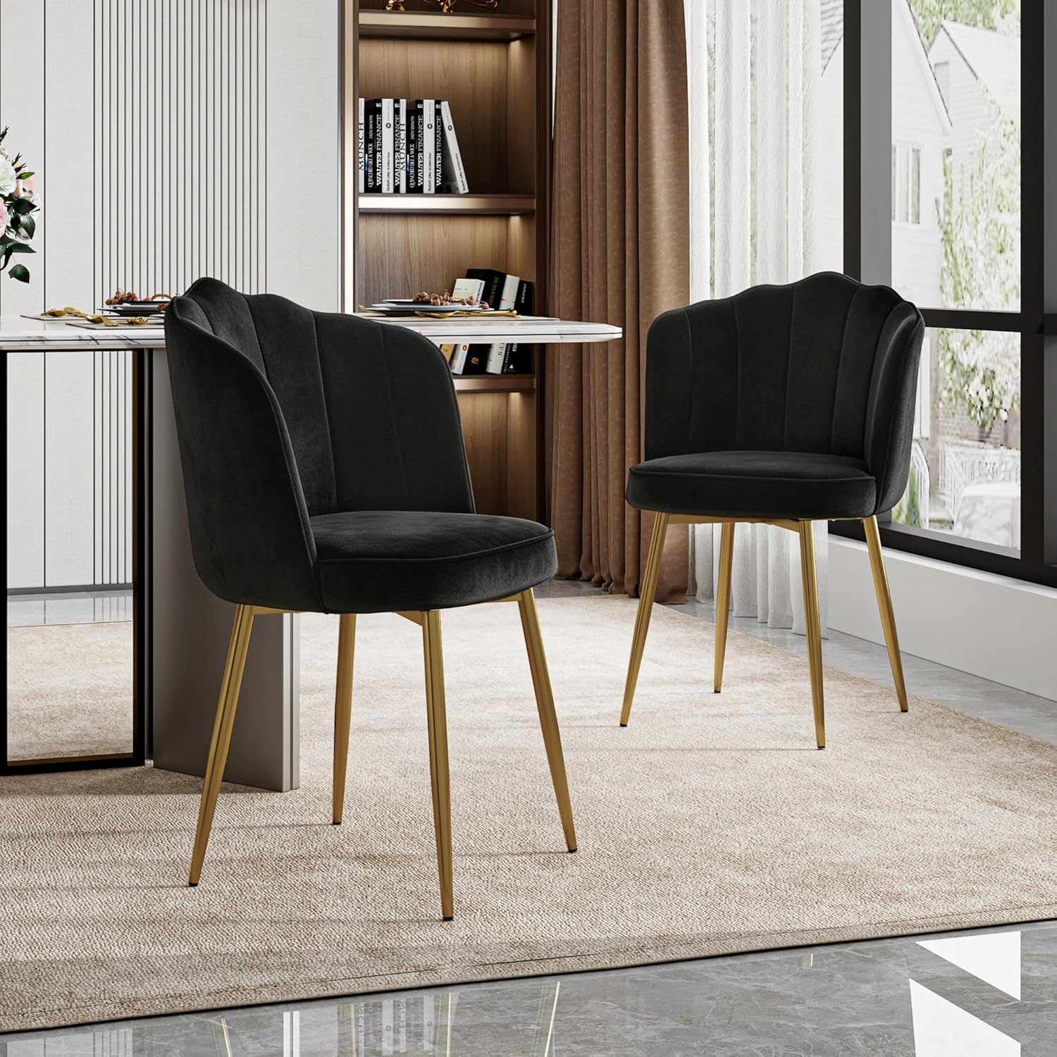 VECELO Velvet Dining Chairs Set of 6, Modern Upholstered Kitchen Chairs with Thick Cushions, Curved Padded Backrest and Metal Legs, for Kitchen, Dining Room, Living Room, Black