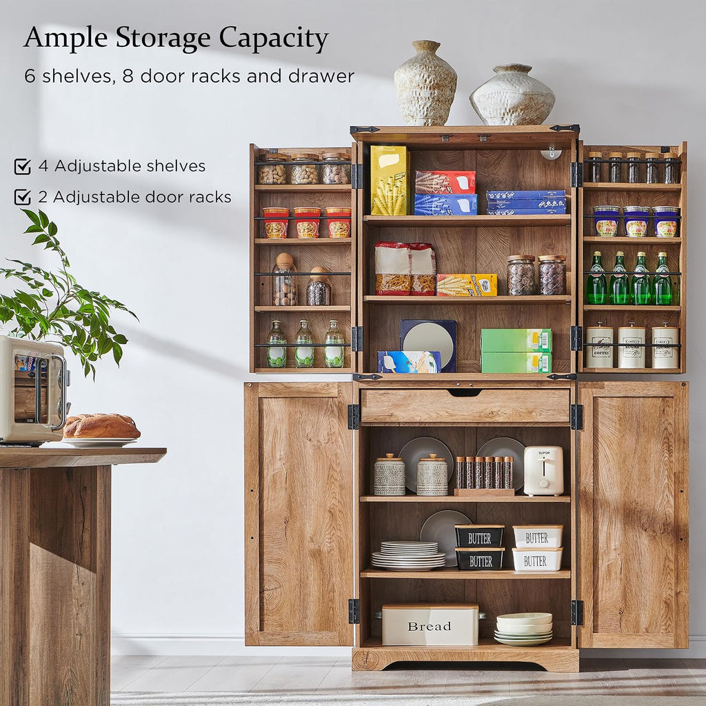 ACCOHOHO 72" Tall Kitchen Pantry, Farmhouse Storage Cabinet with Barn Doors, Organizer, Drawer and Adjustable Shelves, Rustic Wood Cupboard for Kitchen, Dining Room, Bathroom and Hallway, Light Walnut