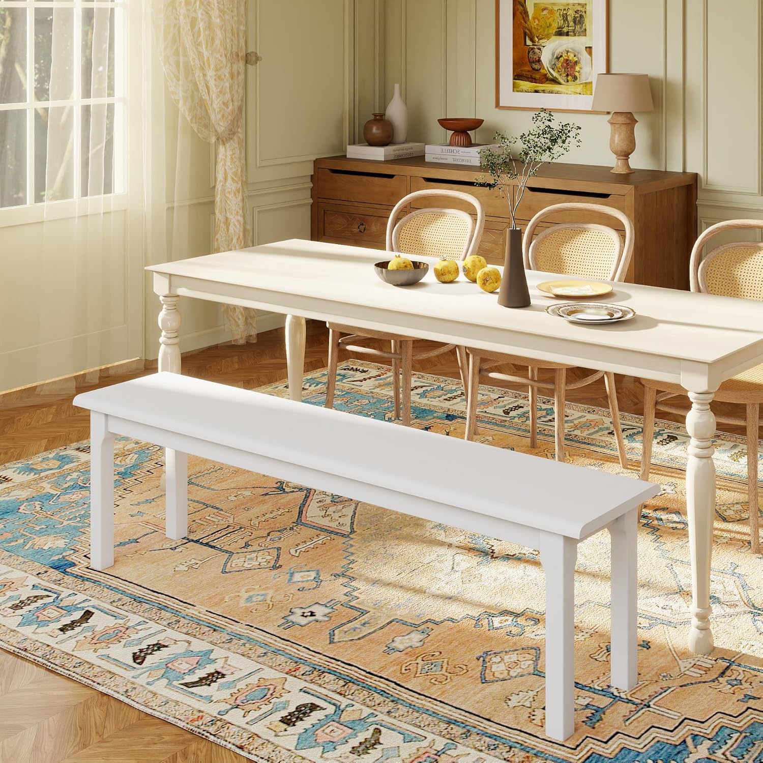 Dining Bench 63" Wood Solid Oak Wooden Bed End/Entryway Bench for Bedroom Living Room Kitchen(White)
