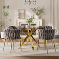 Baysitone Modern 5-Piece Dining Set with 36" Round Glass Table & 4 Woven Velvet Upholstered Dining Chairs, Gold Metal Table Legs, Kitchen & Dining Room Furniture for Small Spaces(Gray&Gold)