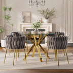 Baysitone Modern 5-Piece Dining Set with 36" Round Glass Table & 4 Woven Velvet Upholstered Dining Chairs, Gold Metal Table Legs, Kitchen & Dining Room Furniture for Small Spaces(Gray&Gold)