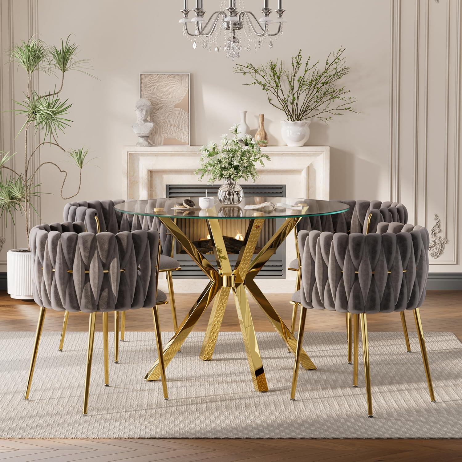 Baysitone Modern 5-Piece Dining Set with 36" Round Glass Table & 4 Woven Velvet Upholstered Dining Chairs, Gold Metal Table Legs, Kitchen & Dining Room Furniture for Small Spaces(Gray&Gold)