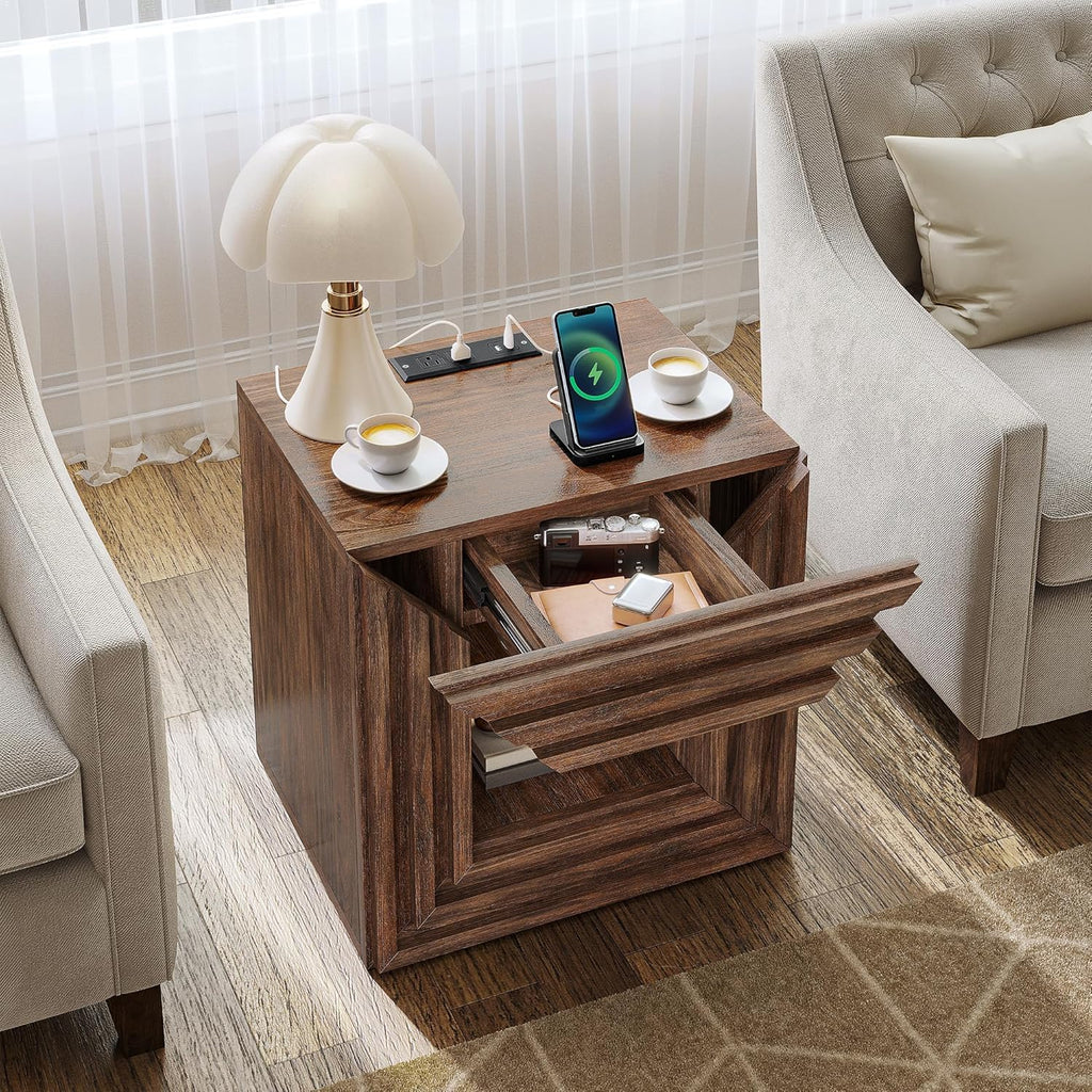 YITAHOME Farmhouse End Table, 2-Tier Square Night Stand with Drawer & Charging Station, Couch Sofa Side Table with Anti Tipping Kits for Living Room, Lounge, Hallway, Rustic Walnut