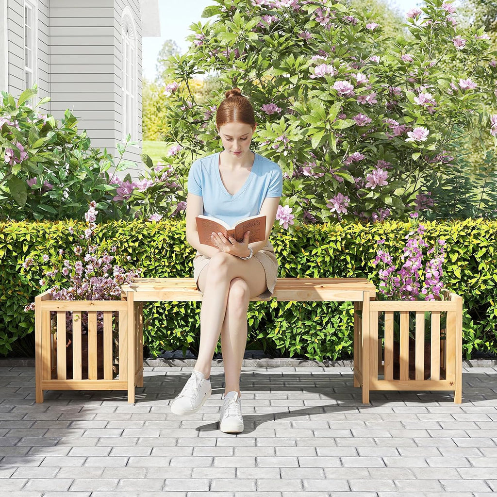 HAPPYGRILL Patio Wooden Bench with Planter, 2 Person Patio Bench with/ 2 Side Flower Box, Slot Design for Easy Assembly, Natural Fir Wood Frame, Outdoor Garden Bench Seat for Patio, Garden, Backyard