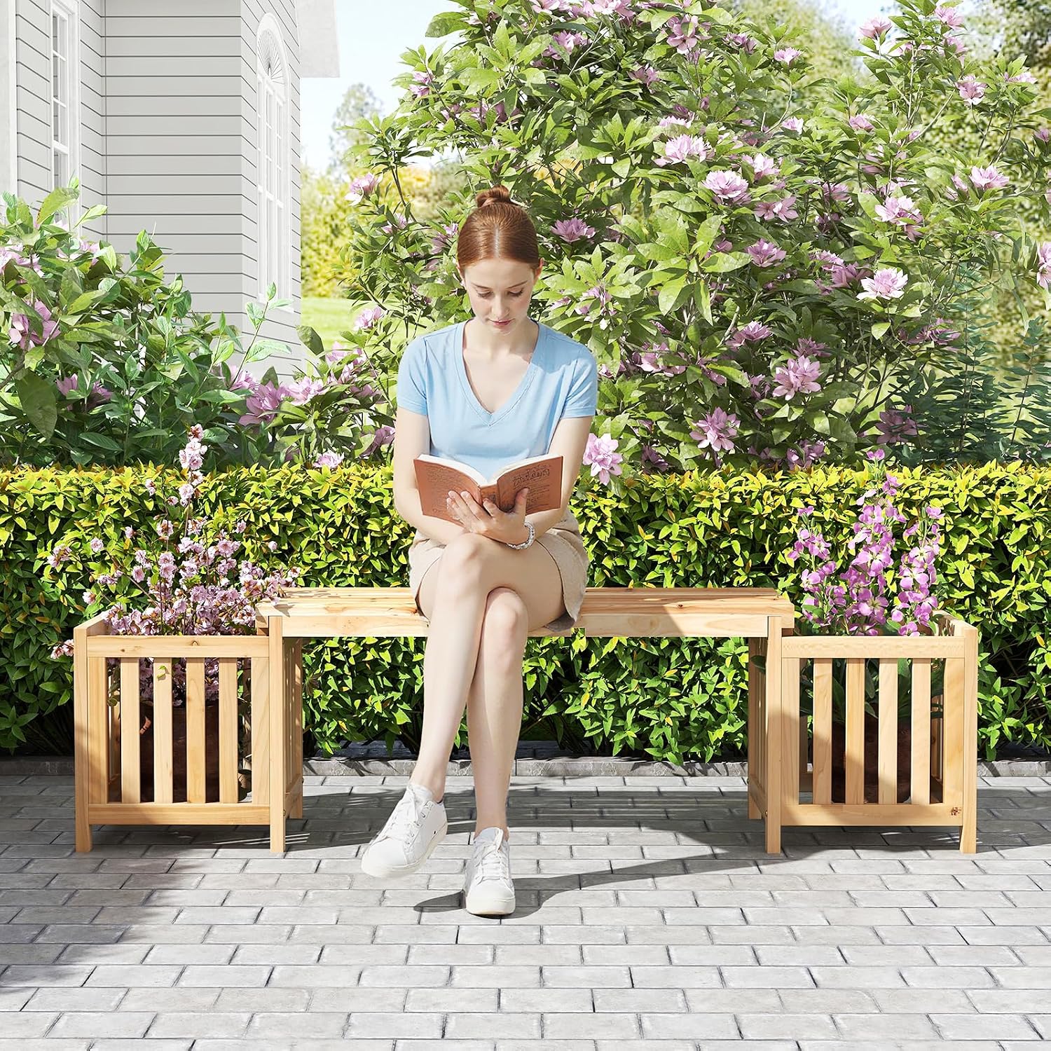 HAPPYGRILL Patio Wooden Bench with Planter, 2 Person Patio Bench with/ 2 Side Flower Box, Slot Design for Easy Assembly, Natural Fir Wood Frame, Outdoor Garden Bench Seat for Patio, Garden, Backyard