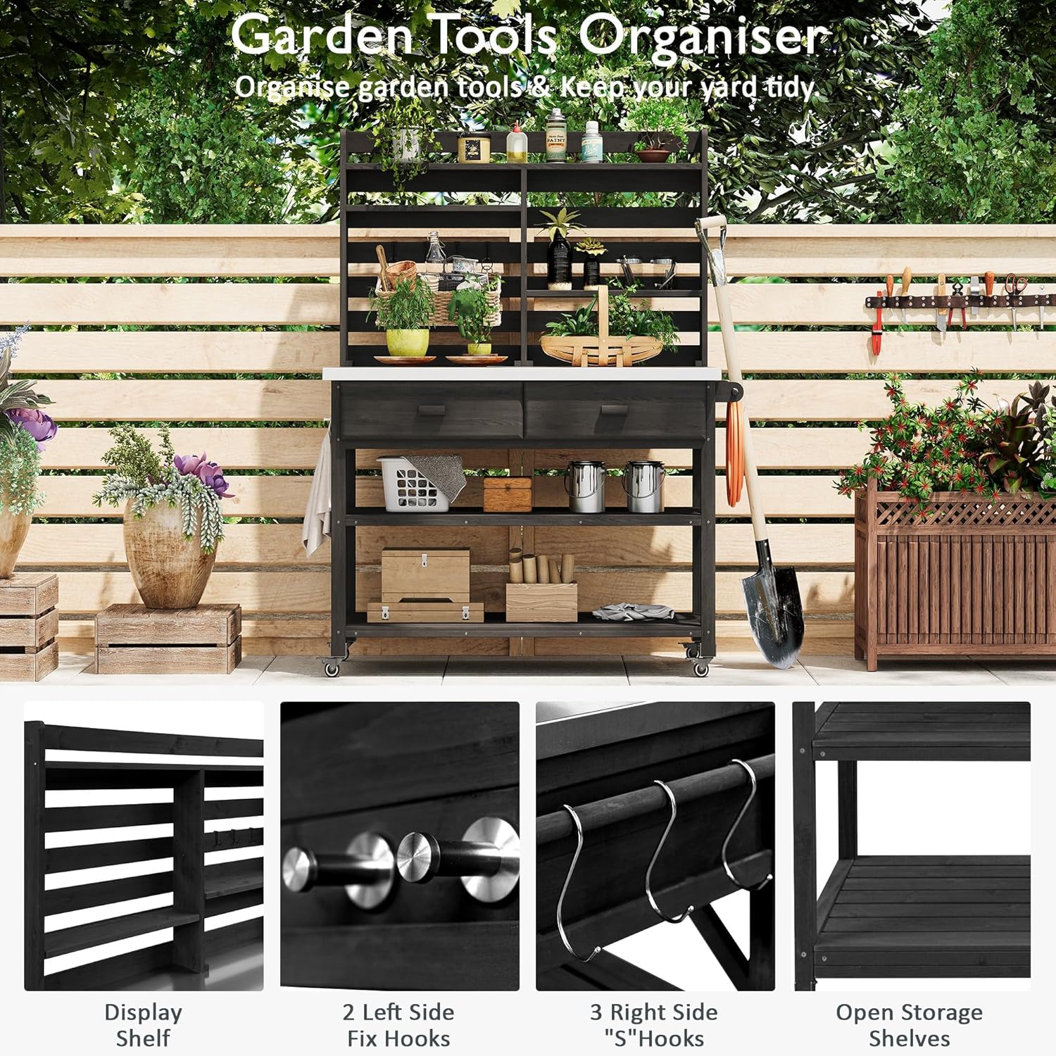 Merax 64.9" H Outdoor Potting Bench Table with Lockable Wheels, Solid Wood Outdoor Kitchen Island with Upper Hutch, Stainless Steel Top, Towel Rack, Outdoor Storage for Grilling, Lawn Garden, Black