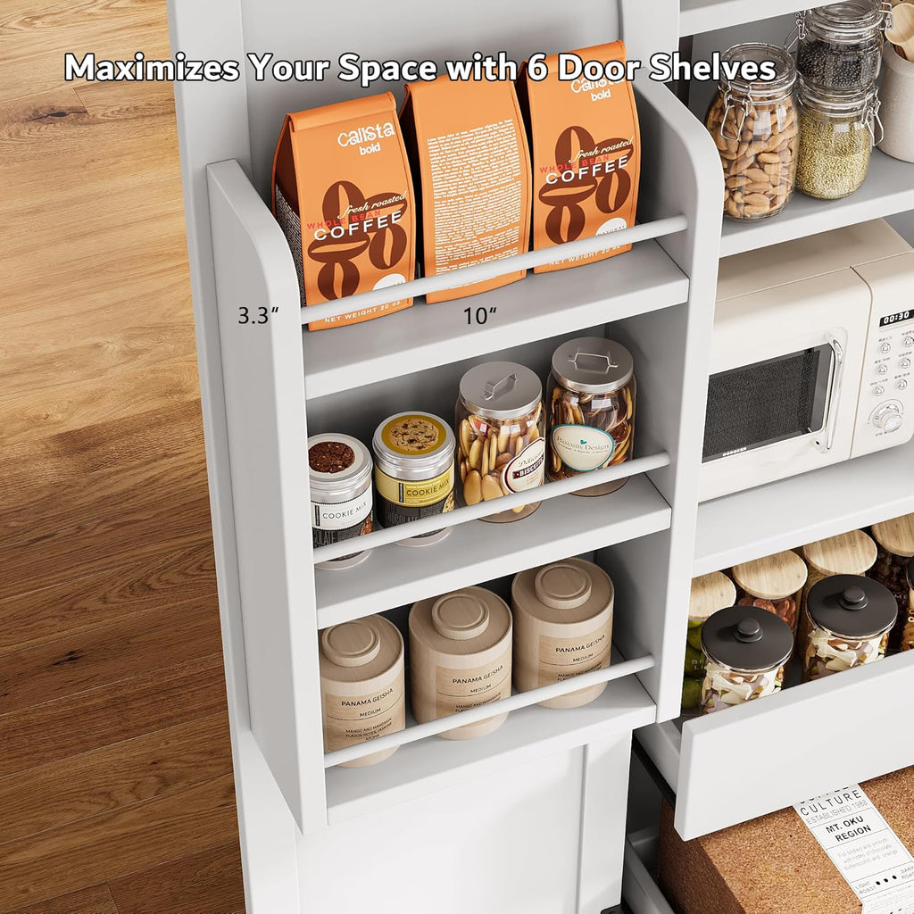 iPormis 71" Tall Kitchen Pantry Storage Cabinet w/Adjustable Shelf, Door Shelves & Large Drawers, Freestanding Kitchen Cupboard for Dining Room/Living Room, White