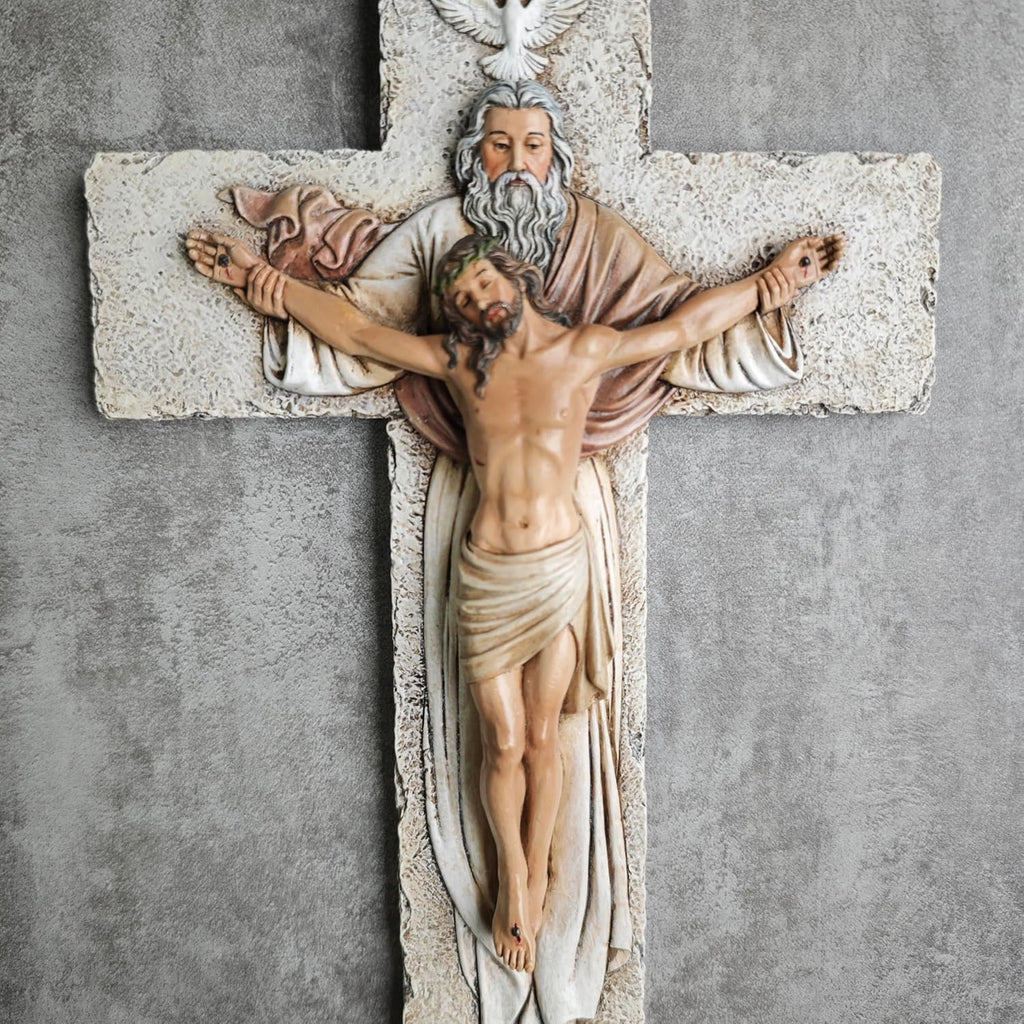 BC Catholic Holy Trinity Crucifix Wall Cross, 9.5" H Jesus Christ Inspirational Home Décor, Catholic Gifts, Religious Wall Sculpture handpainted by Buildclassic