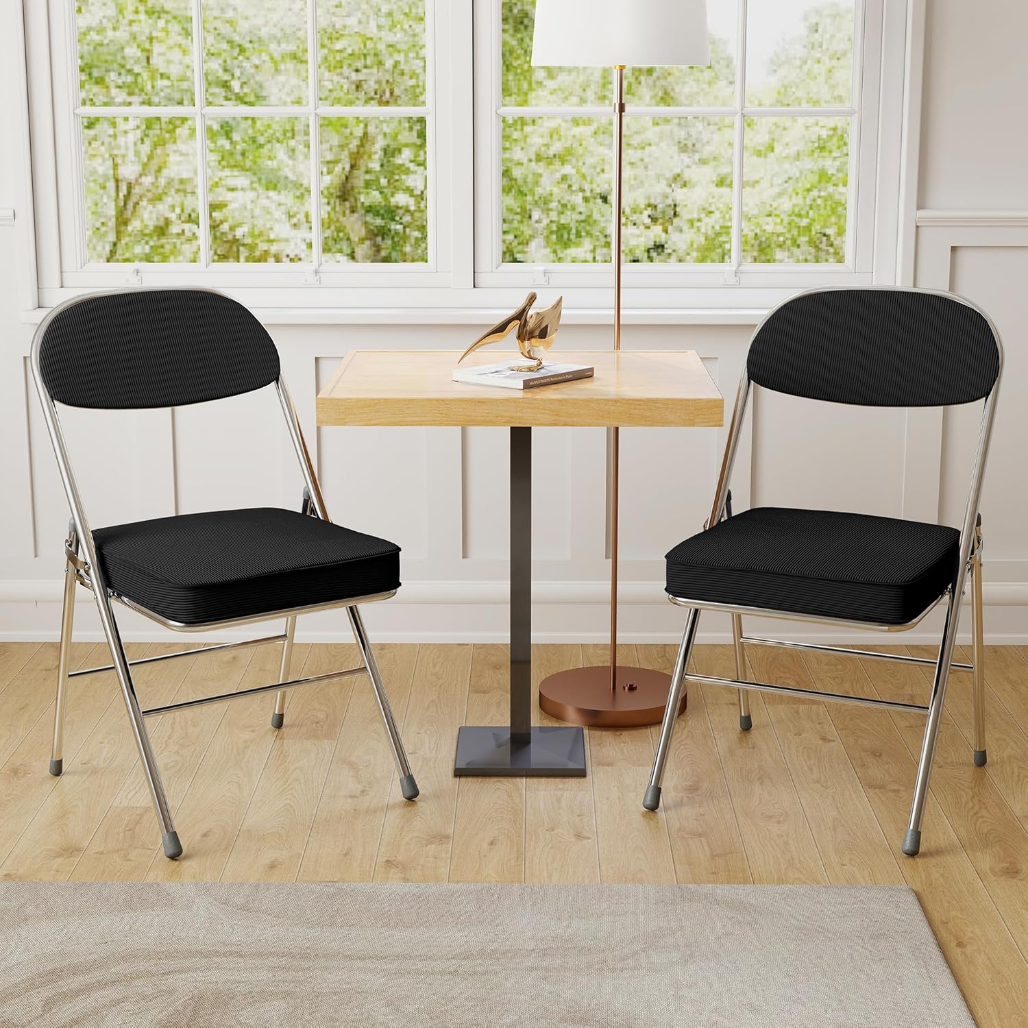 Real Relax Folding Chairs with Padded Thick Seat, Durable Corduroy Fabric, Portable Stackable Commercial Folding Office Chair with Steel Frame for Events Office Wedding Party,650LB,4 Pack,Black