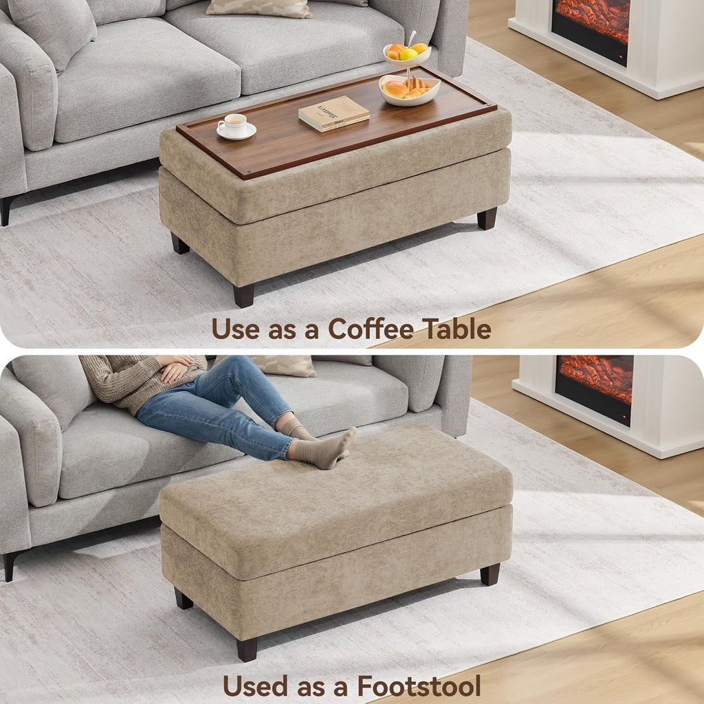 45 Inch Large Storage Ottoman Bench with Wooden Tray Coffee Table, Khaki Chenille Upholstered Foot Rest, Multifunctional Foot Stool Ottoman for Living Room, Bedroom & Entryway, Solid Wood Legs