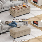 45 Inch Large Storage Ottoman Bench with Wooden Tray Coffee Table, Khaki Chenille Upholstered Foot Rest, Multifunctional Foot Stool Ottoman for Living Room, Bedroom & Entryway, Solid Wood Legs
