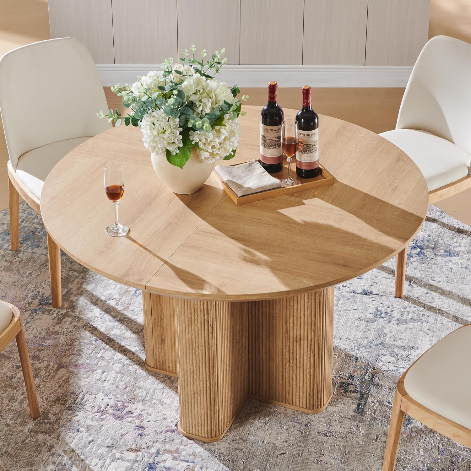T4TREAM 47" Fluted Round Dining Table for Kitchen Living Room, Natural Oak | Mid Century Modern Kitchen Table,Seats 4-6,Thickened Edge and Sturdy Reeded Pedestal Base