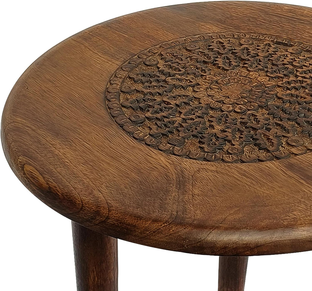 TUP THE URBAN PORT AMA 22 Inch Side End Table, Round Top, Indian Mandala Floral Carving, 3 Legs, Brown Mango Wood