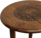 TUP THE URBAN PORT AMA 22 Inch Side End Table, Round Top, Indian Mandala Floral Carving, 3 Legs, Brown Mango Wood