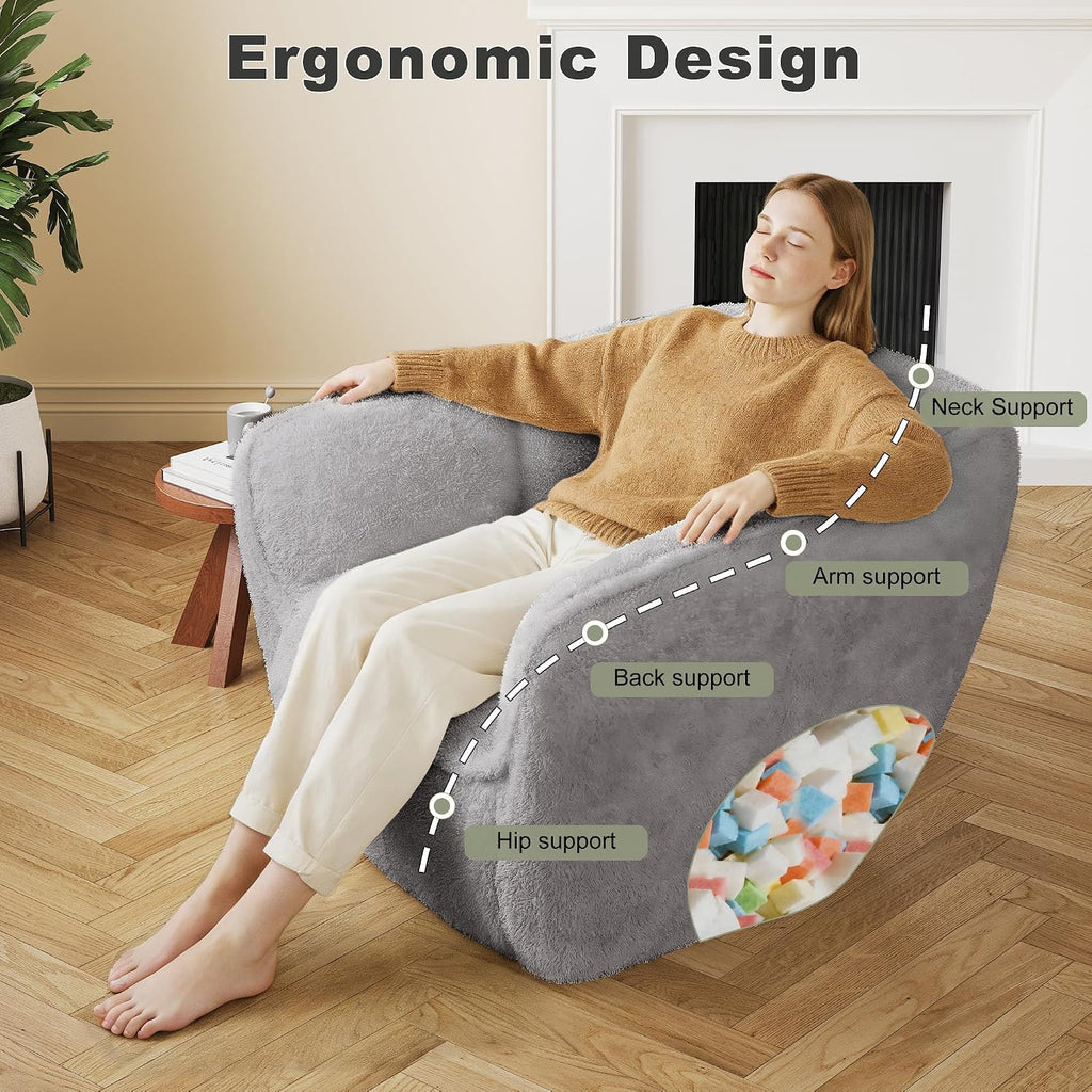 Bean Bag Chair,BeanBag Chairs for Adults,Oversized Bean Bag Couch,Grey Bean Bag with Memory Foam Filling,Faux Fur Reading Chair,Stuffed Floor Sofa for Bedroom Dorm Living Room, Apartment,Grey