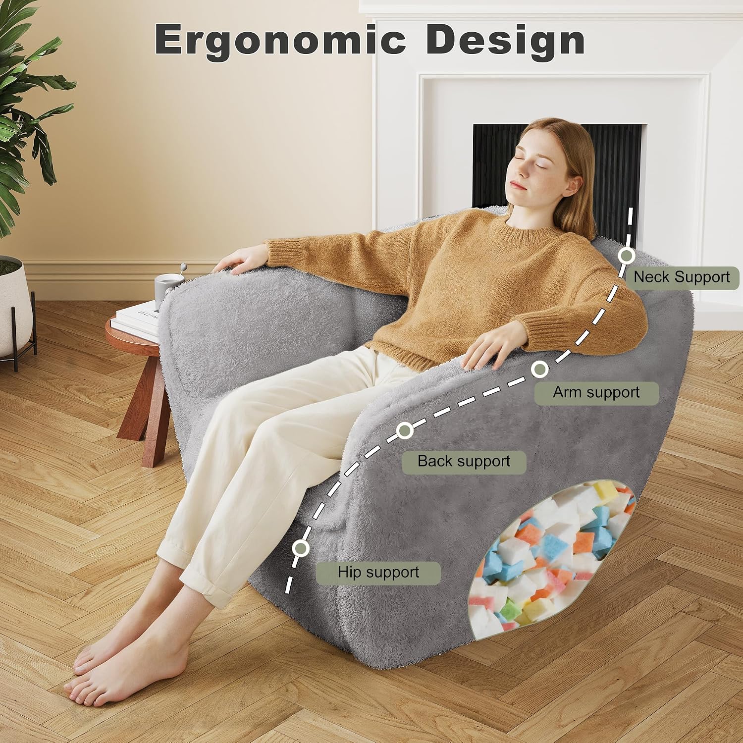 Bean Bag Chair,BeanBag Chairs for Adults,Oversized Bean Bag Couch,Grey Bean Bag with Memory Foam Filling,Faux Fur Reading Chair,Stuffed Floor Sofa for Bedroom Dorm Living Room, Apartment,Grey