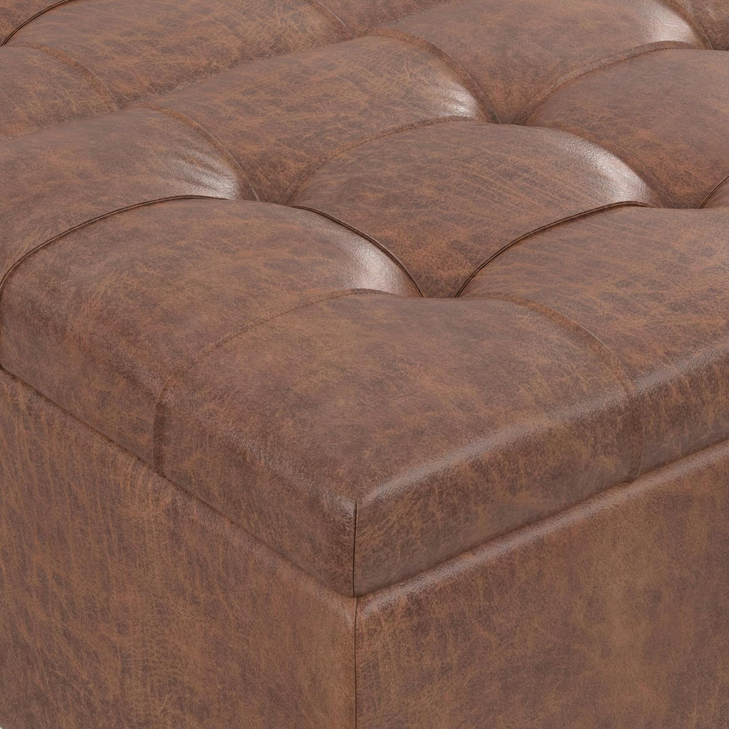 SIMPLIHOME Harrison Coffee Table Storage Ottoman - 36 inch Wide Upholstered Vegan Leather Square Lift-Top Ottoman in Distressed Pecan Brown, Transitional Ottoman for Living Room with Storage