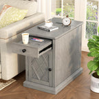 Multifunctional Classic Vintage End Table with USB Ports and 1 Drawer with Cup Holders, Sofa Side Narrow Table with Storage, Bedside Nightstand for Living Room Bedroom (Antique Gray-4.3)