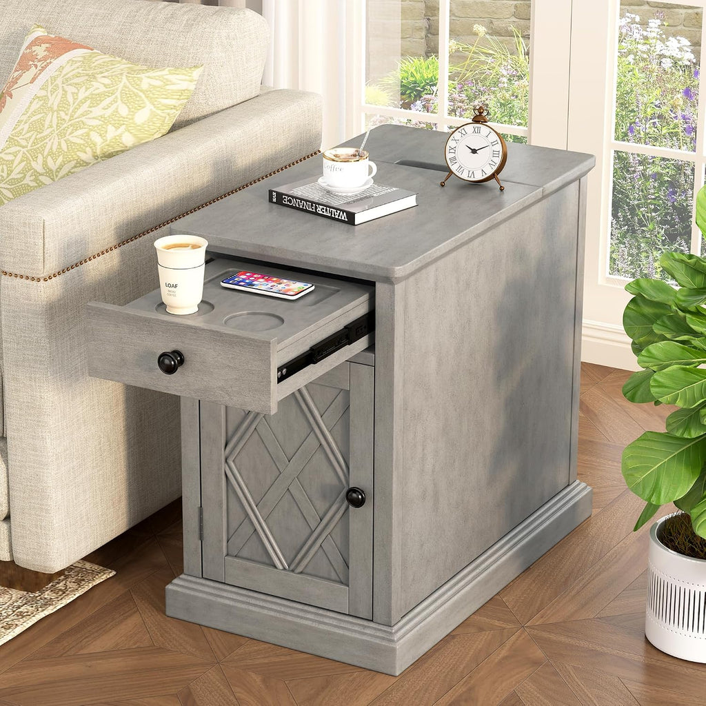 Traditional Wood End Table with Storage & Charging Station, Vintage Farmhouse Nightstand with USB Ports, Small Sofa Side Table for Living Room & Bedroom, Antique Gray