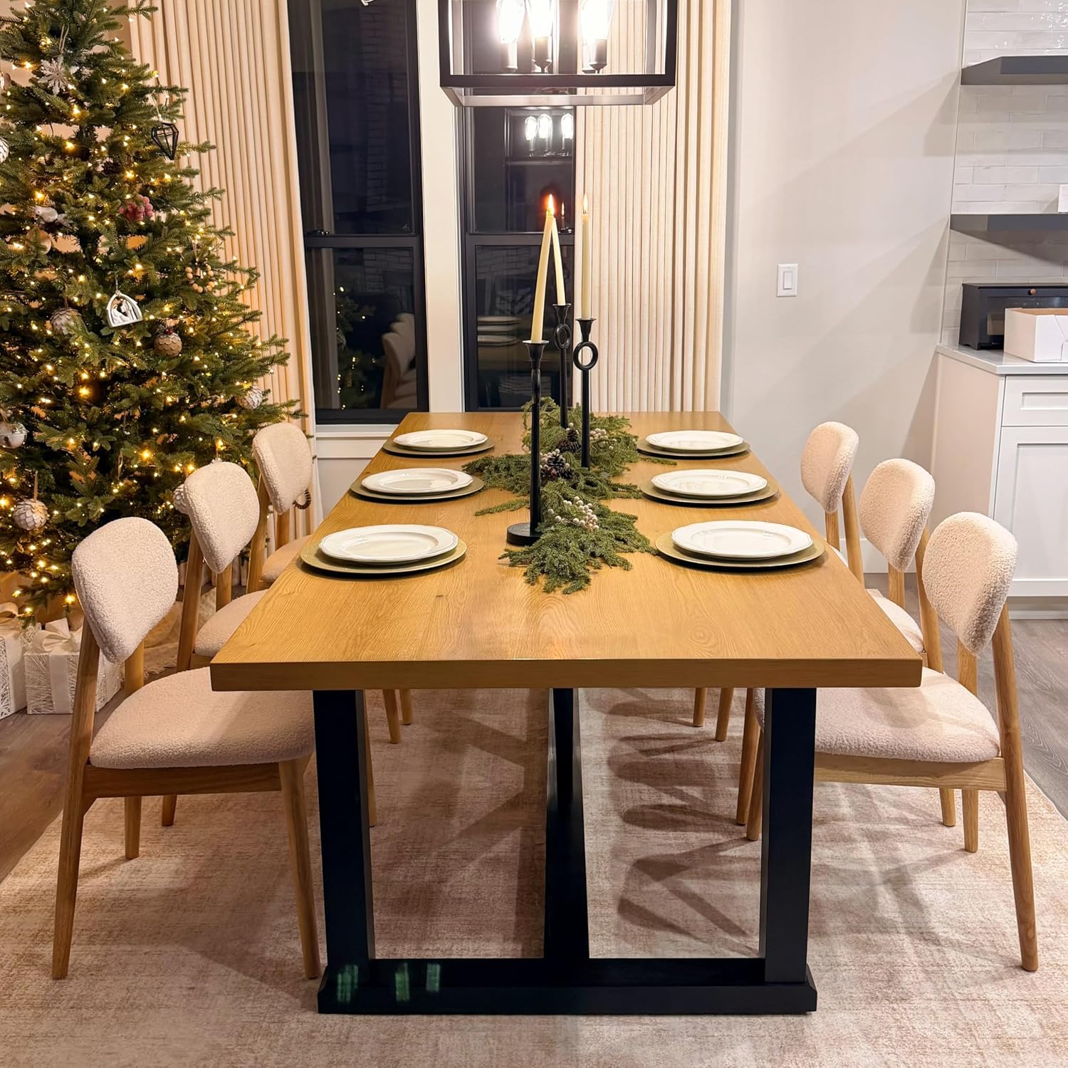 Wooden Dining Chairs Set of 4, Farmhouse Boucle Upholstered Kitchen Chairs, White