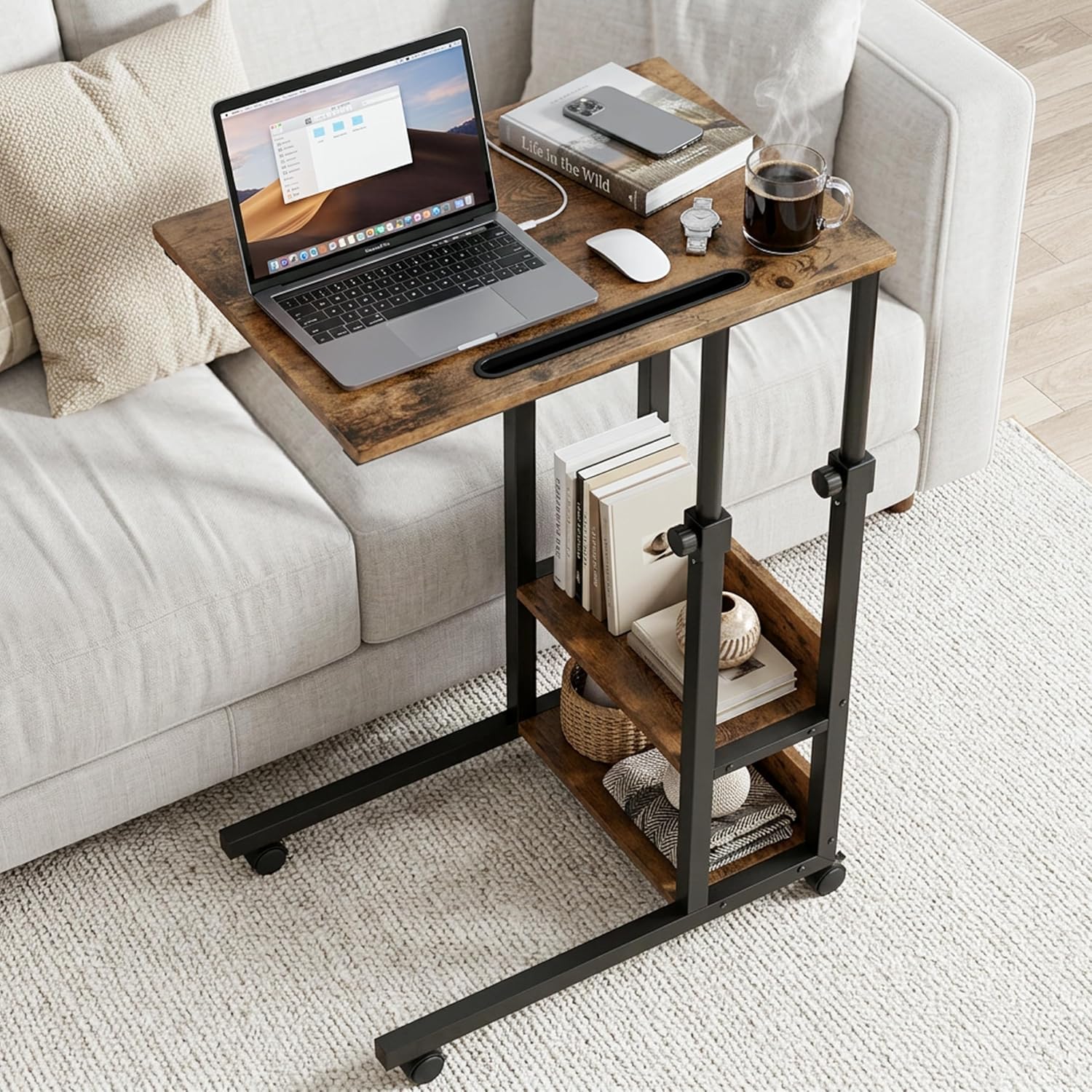 Gyfimoie C-Shaped End Table with Wheels, Side Table Adjustable Height, TV Tray Table with Metal Frame, Sofa Table for Small Spaces Living Room, Bedroom, Rustic Brown