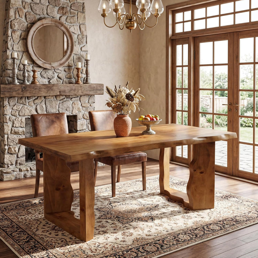 63" Live Edge Solid Wood Dining Table, Modern Rustic Kitchen Table with Sculptural Legs, 6-Person Rectangular Dinner Table for Dining Room, Kitchen,Natural Dark Brown Finish