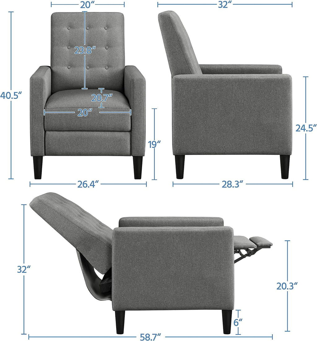Yaheetech Fabric Recliner Chair with Adjustable Back & Footrest, Mid-Century Modern Accent Armchair Reading Chair, Tufted Upholstered Sofa with Pocket Spring for Living Room Bedroom Gray